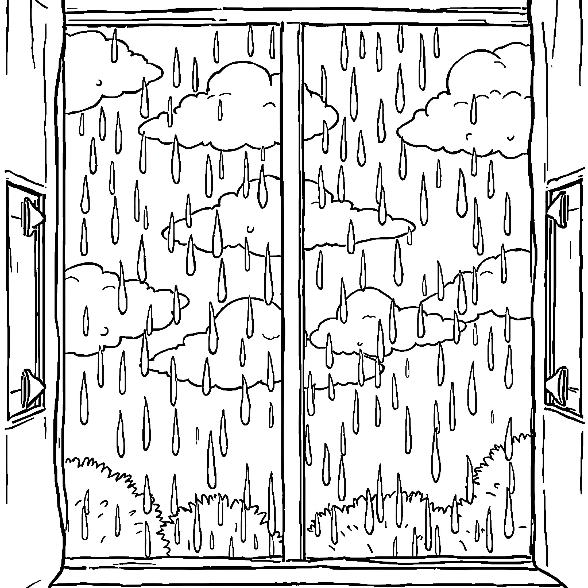 Window of rainy weather with cloudy skies Coloring Page (free black-and-white line drawing printable PDF for all, from beginners to advanced learners, including children, teens, adults, and seniors)