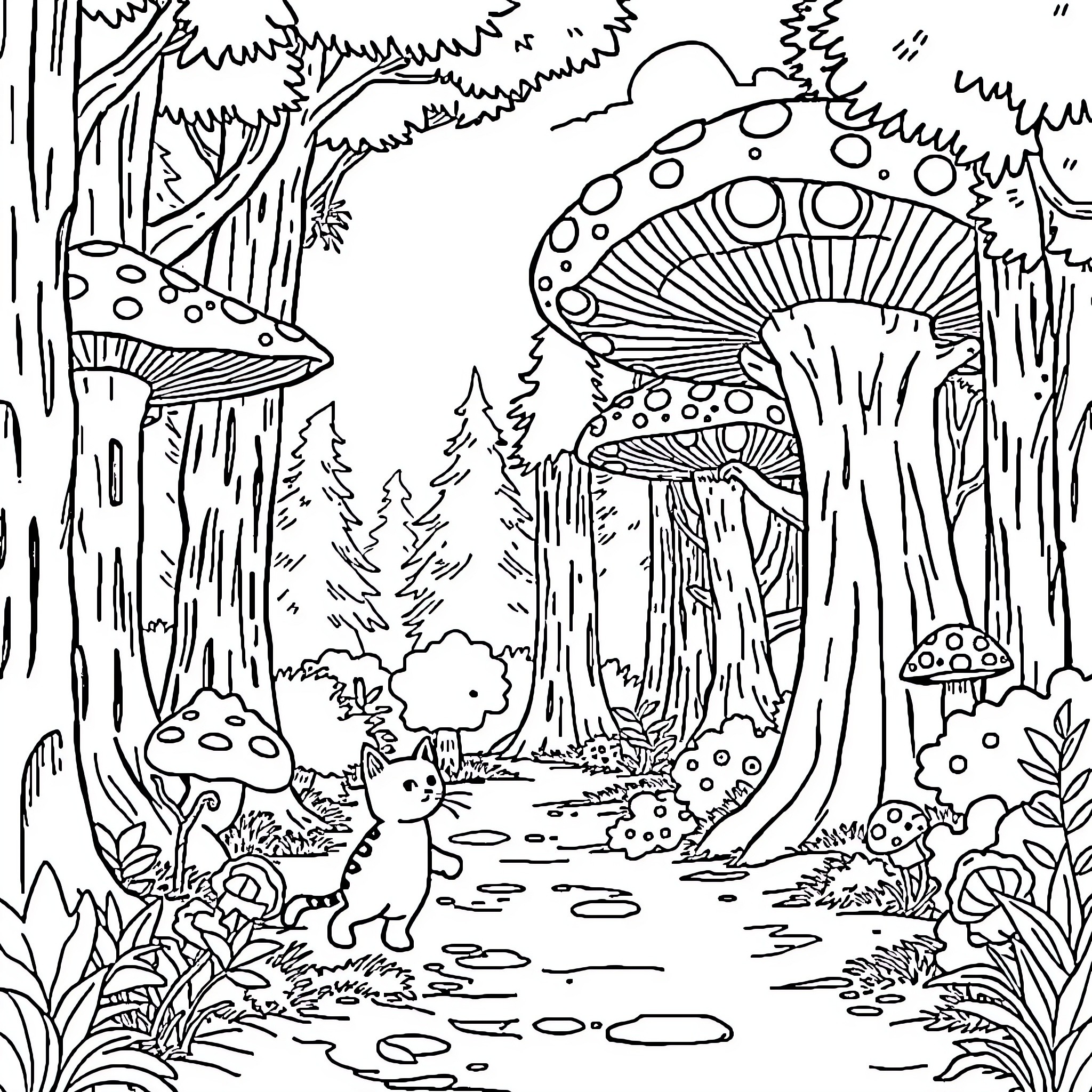 Cat exploring the enchanted forest Coloring Page (free black-and-white line drawing printable PDF for all, from beginners to advanced learners, including children, teens, adults, and seniors)