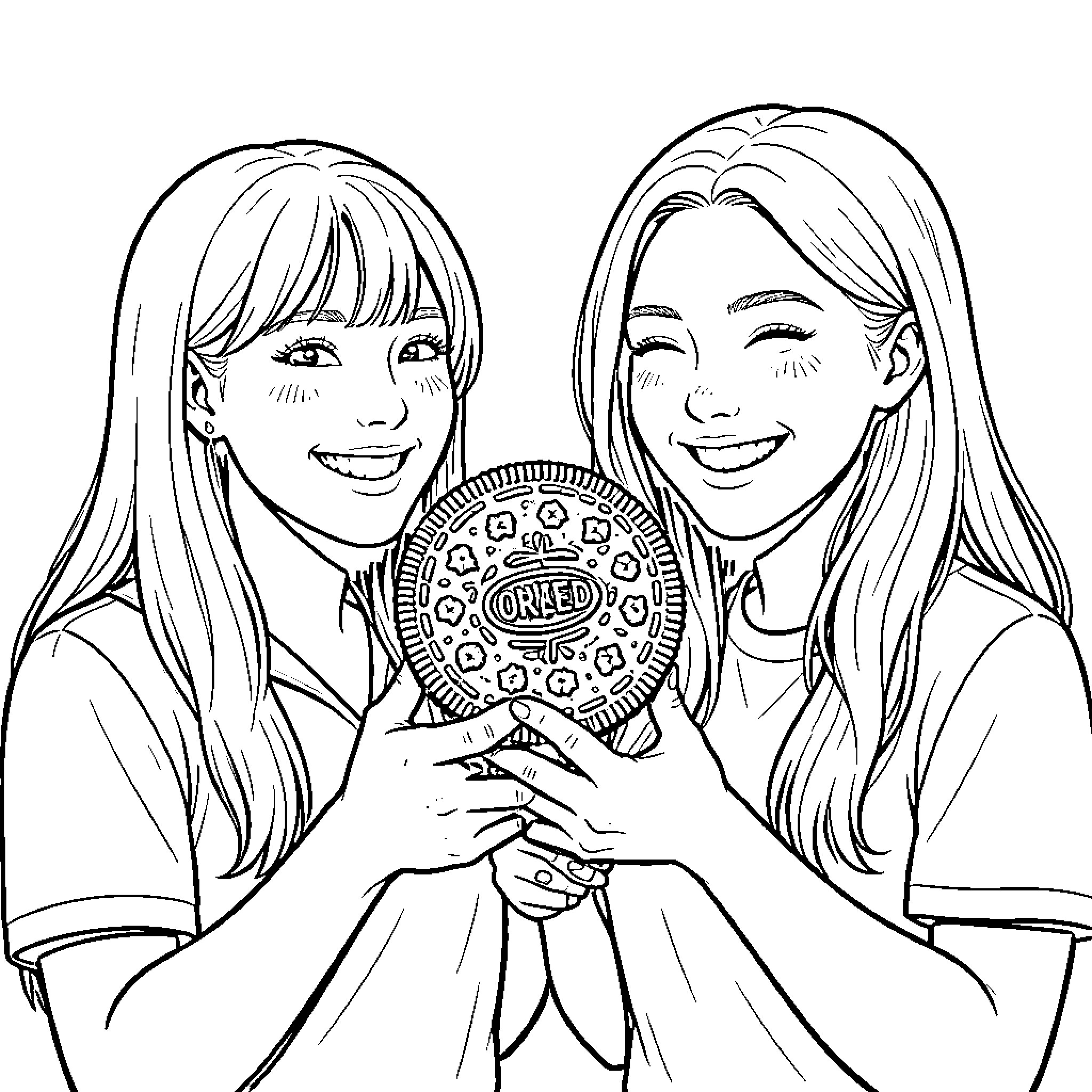 Sandia friends sharing a tasty treat Coloring Page (free black-and-white line drawing printable PDF for all, from beginners to advanced learners, including children, teens, adults, and seniors)
