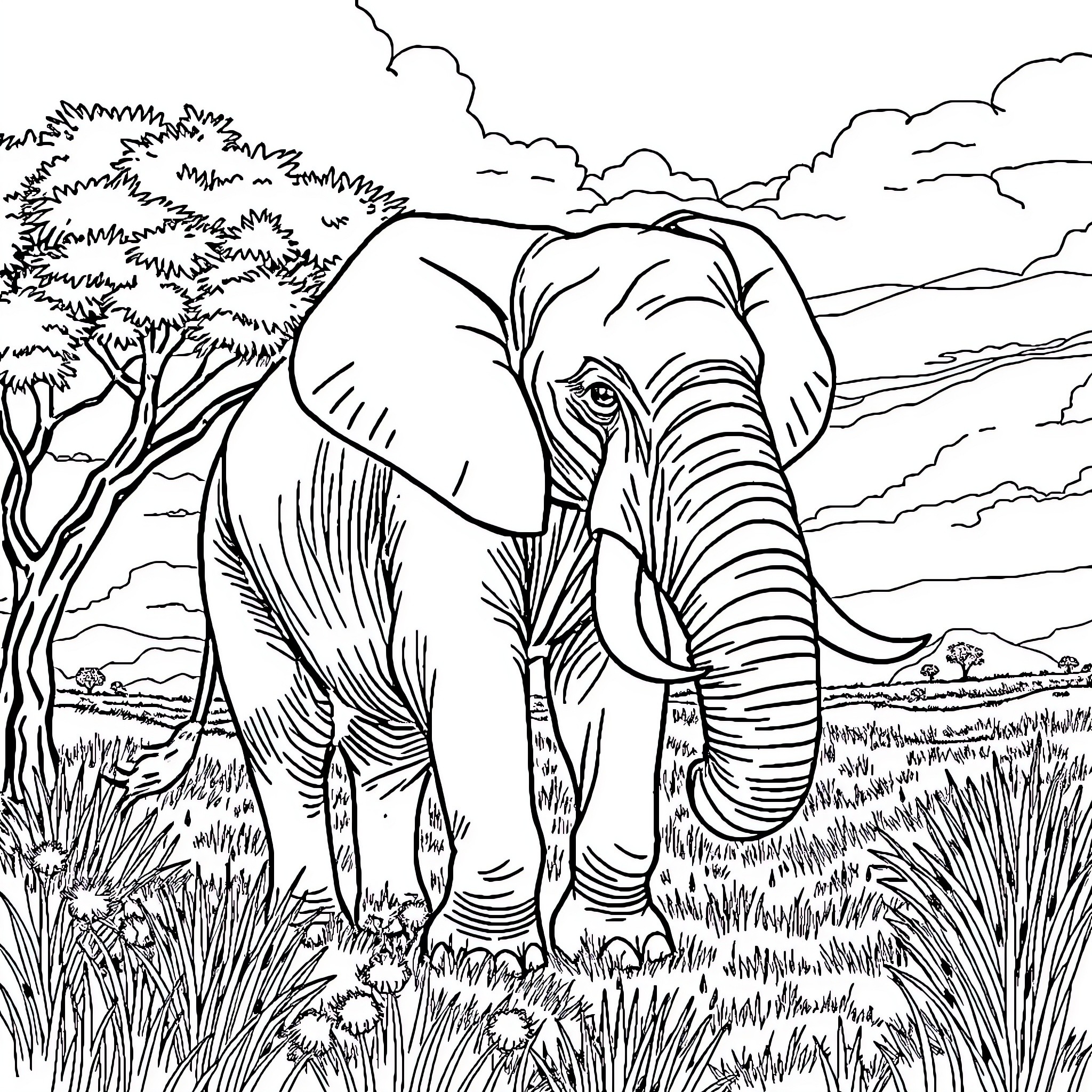Elephant walking through the African savanna Coloring Page (free black-and-white line drawing printable PDF for all, from beginners to advanced learners, including children, teens, adults, and seniors)