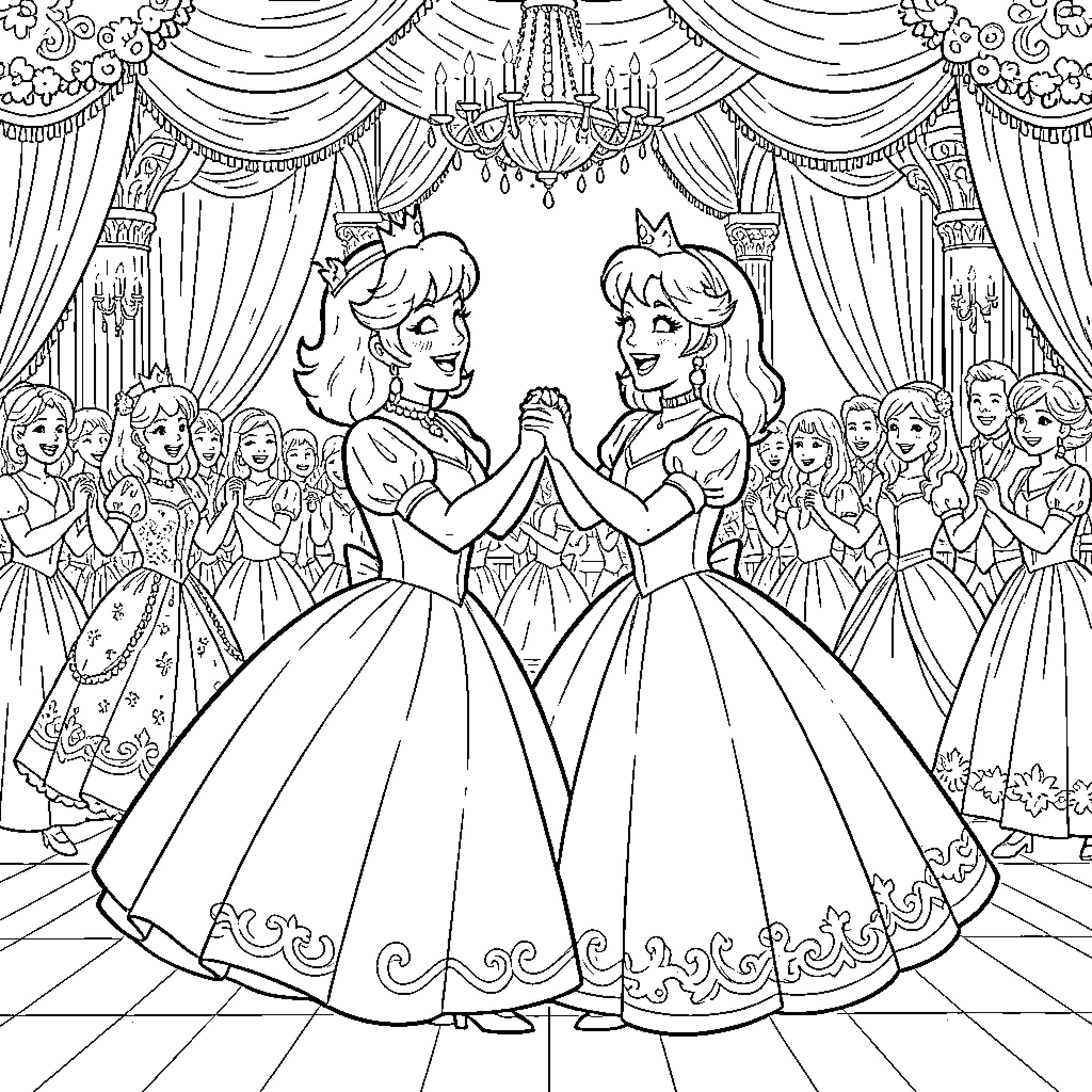 Princesses holding hands and smiling in a grand ballroom Coloring Page (free black-and-white line drawing printable PDF for all, from beginners to advanced learners, including children, teens, adults, and seniors)