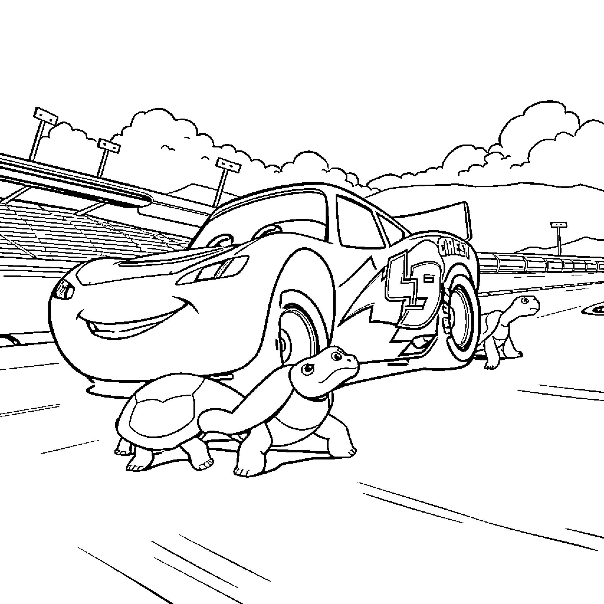 Lightning McQueen racing with a turtle on the track Coloring Page (free black-and-white line drawing printable PDF for all, from beginners to advanced learners, including children, teens, adults, and seniors)