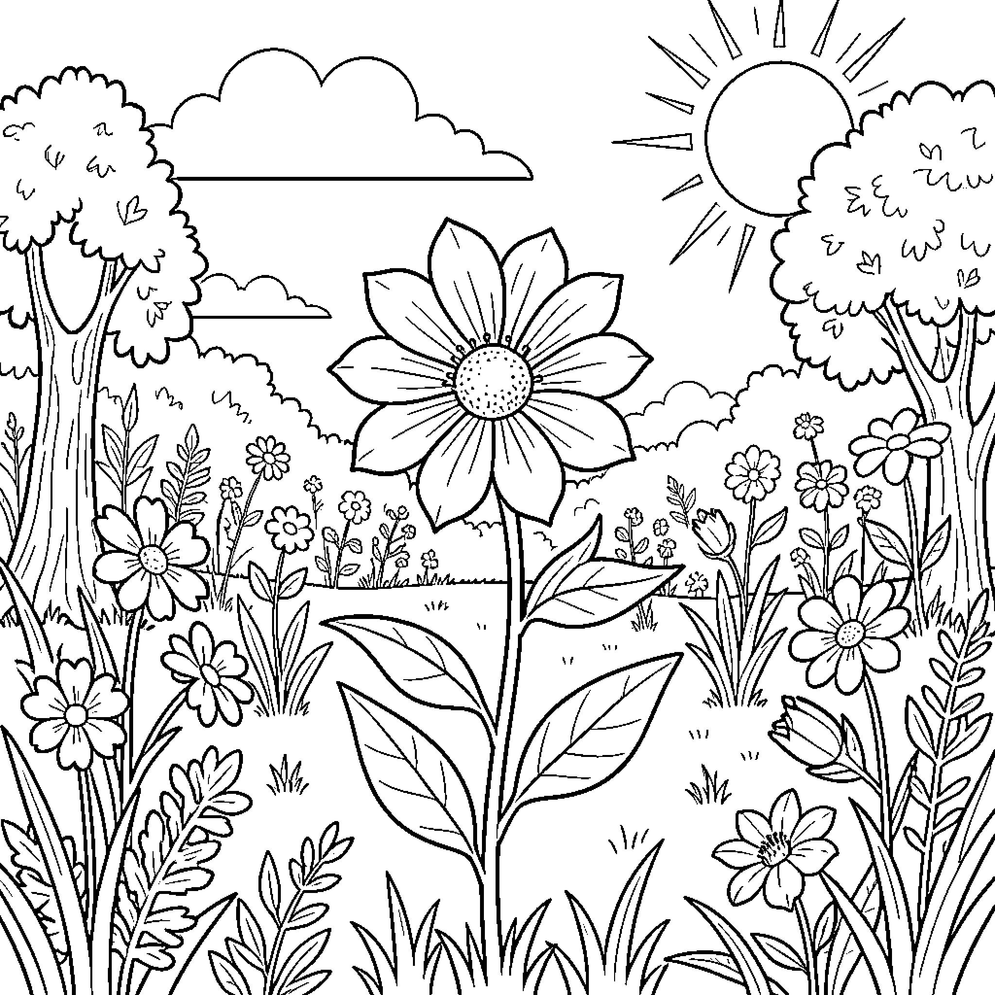 Flower blooming in a sunny meadow landscape Coloring Page (free black-and-white line drawing printable PDF for all, from beginners to advanced learners, including children, teens, adults, and seniors)