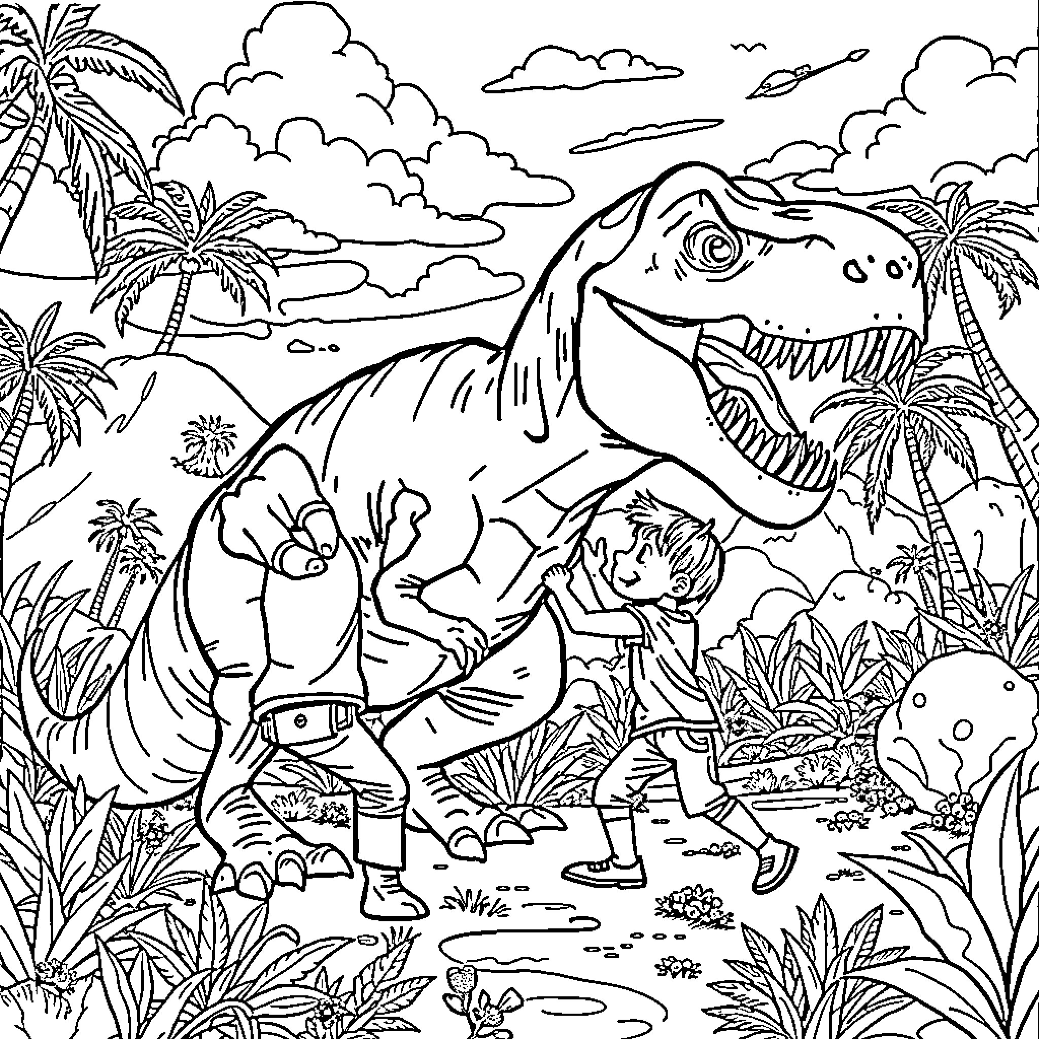 Boy Exploring the Prehistoric Jungle with Dinosaurs Coloring Page (free black-and-white line drawing printable PDF for all, from beginners to advanced learners, including children, teens, adults, and seniors)