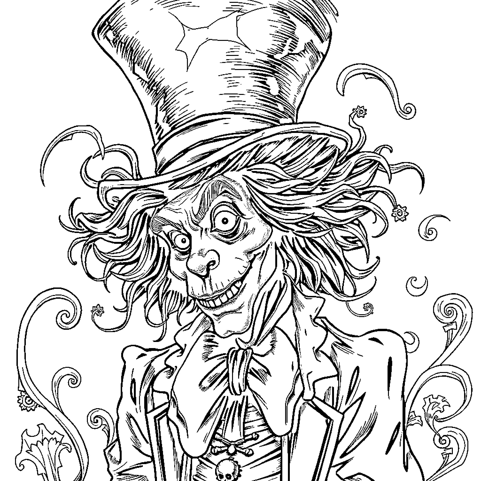 Alice in the Wonderfully Whimsical World Coloring Page (free black-and-white line drawing printable PDF for all, from beginners to advanced learners, including children, teens, adults, and seniors)