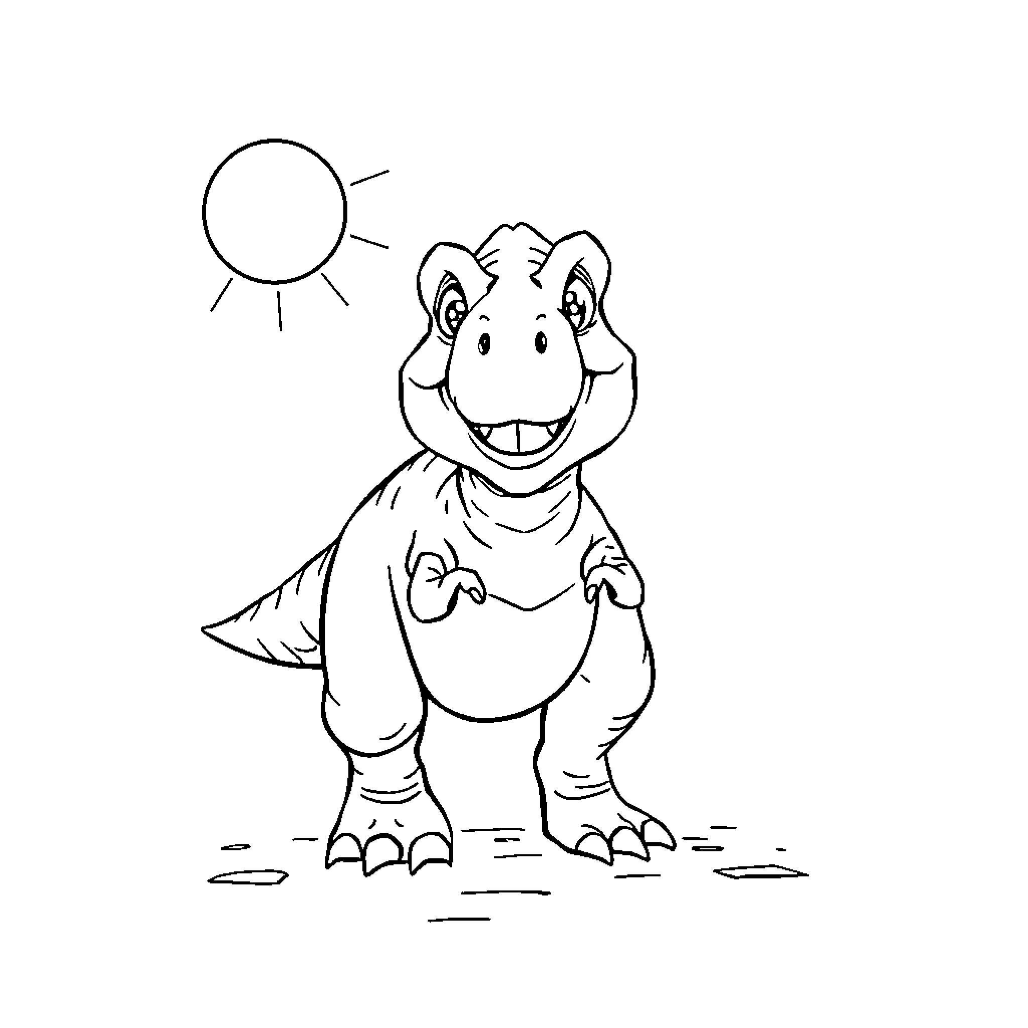 T-Rex enjoying a sunny day Coloring Page (free black-and-white line drawing printable PDF for all, from beginners to advanced learners, including children, teens, adults, and seniors)