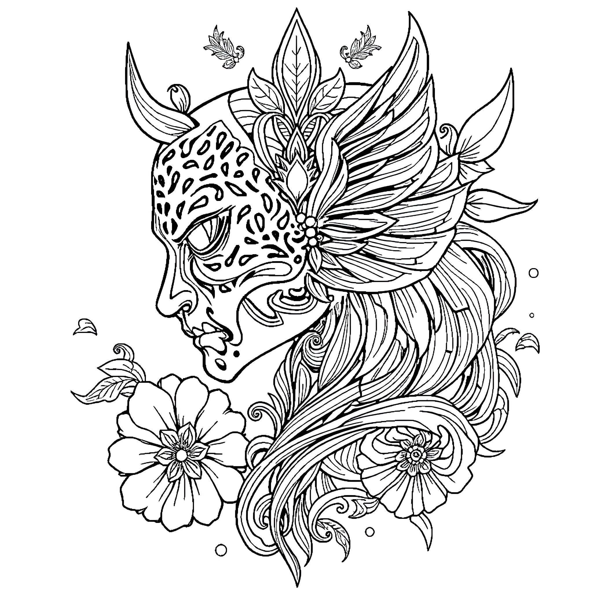 Tattoo with intricate floral and animal designs Coloring Page (free black-and-white line drawing printable PDF for all, from beginners to advanced learners, including children, teens, adults, and seniors)