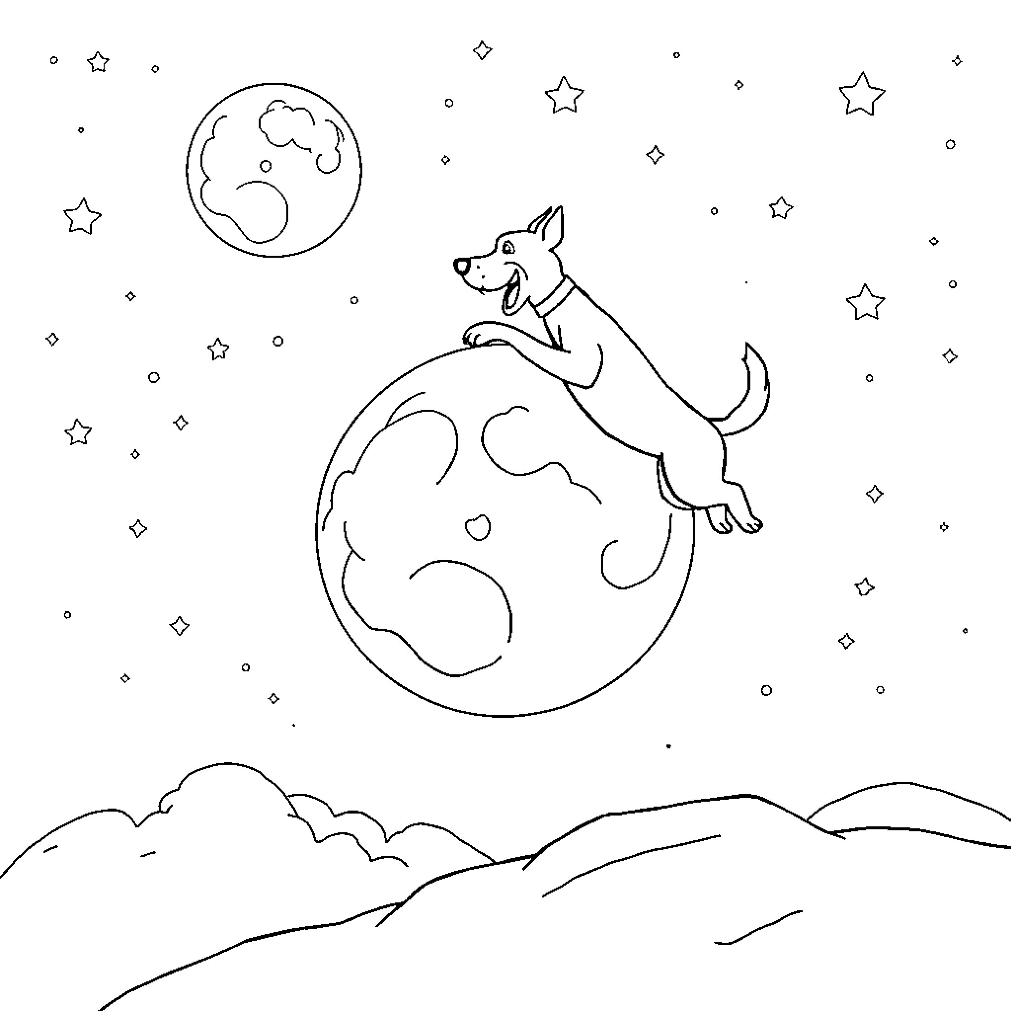 Dog exploring the starry night sky Coloring Page (free black-and-white line drawing printable PDF for all, from beginners to advanced learners, including children, teens, adults, and seniors)