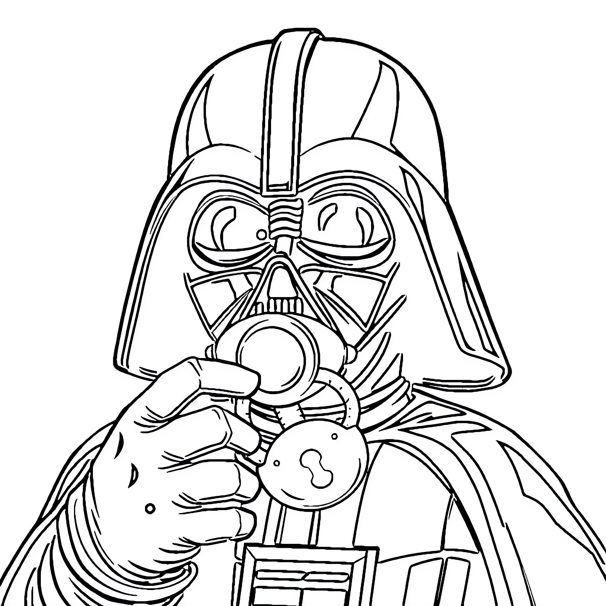 Darth Vader contemplating his next move Coloring Page (free black-and-white line drawing printable PDF for all, from beginners to advanced learners, including children, teens, adults, and seniors)