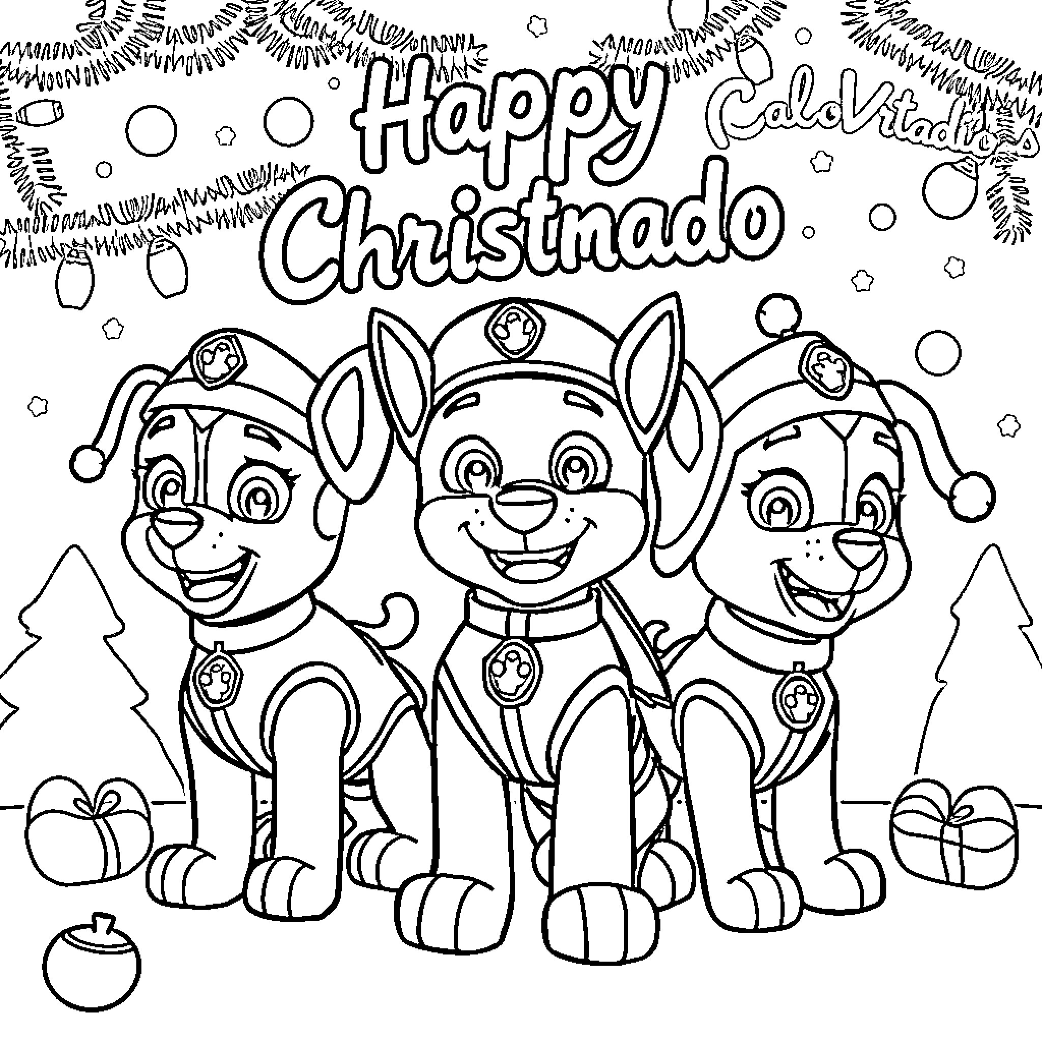 Paw Patrol's Happy Christnado Coloring Page (free black-and-white line drawing printable PDF for all, from beginners to advanced learners, including children, teens, adults, and seniors)
