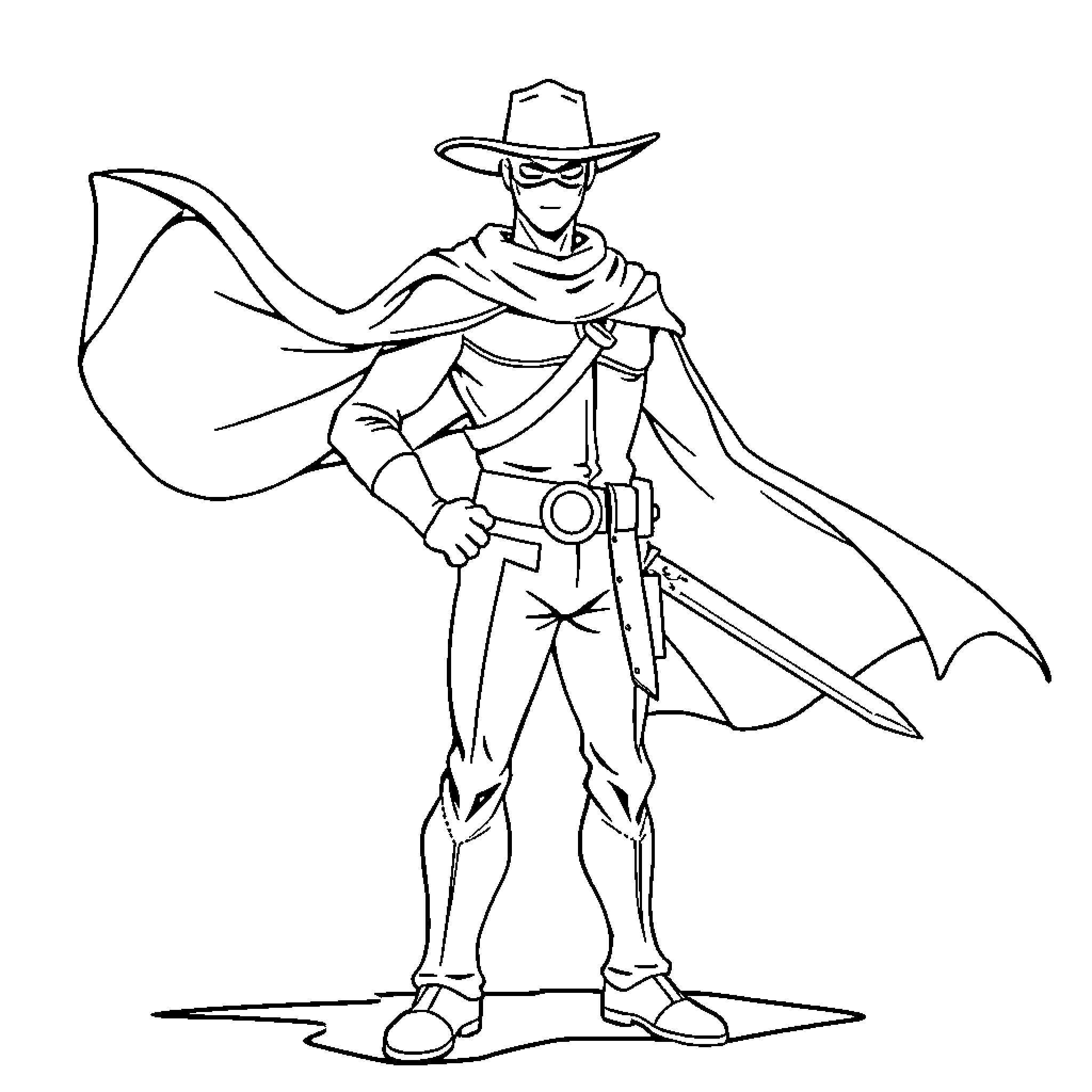 Zorro the Masked Swordsman in Action Coloring Page (free black-and-white line drawing printable PDF for all, from beginners to advanced learners, including children, teens, adults, and seniors)