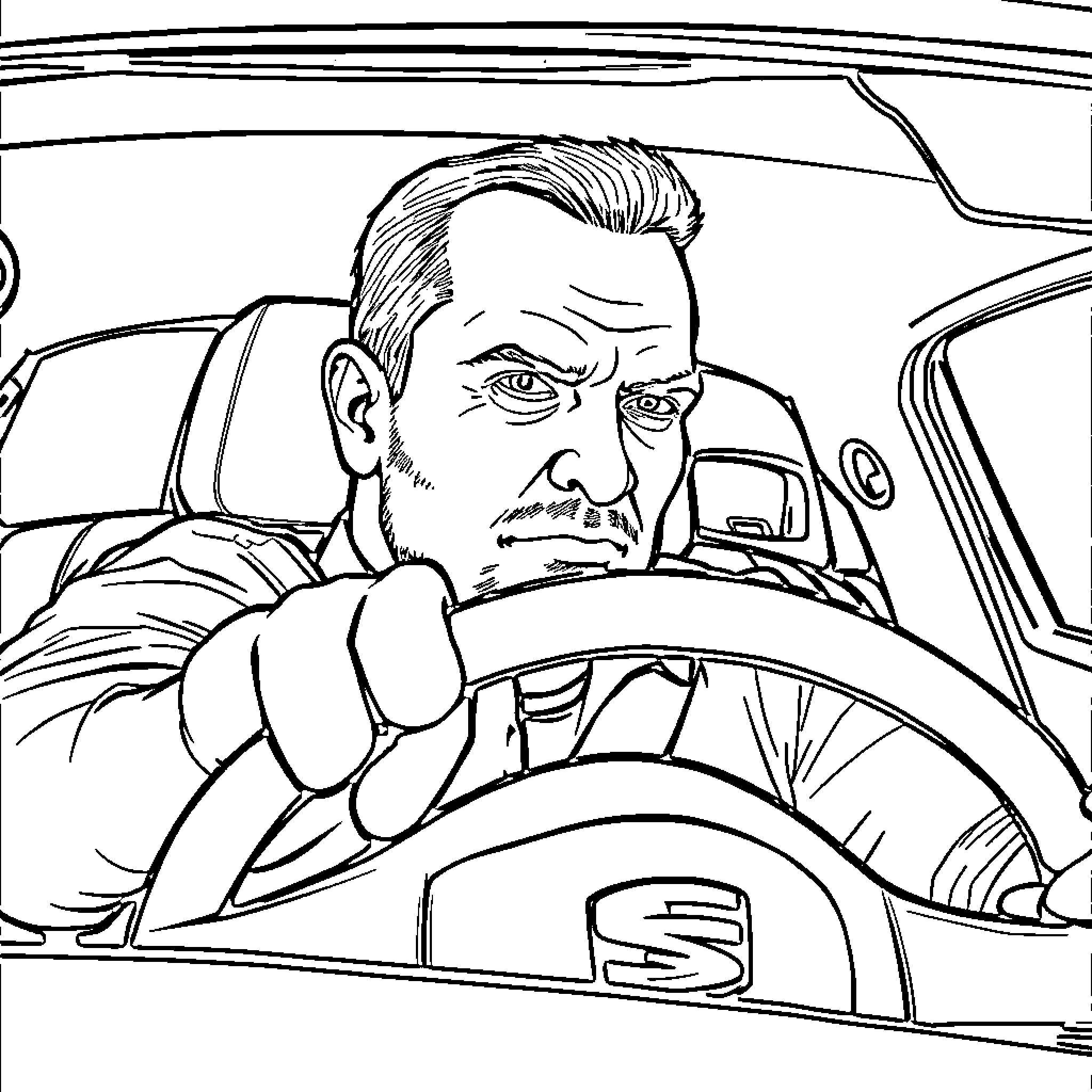 Dom Toretto driving with a serious expression Coloring Page (free black-and-white line drawing printable PDF for all, from beginners to advanced learners, including children, teens, adults, and seniors)