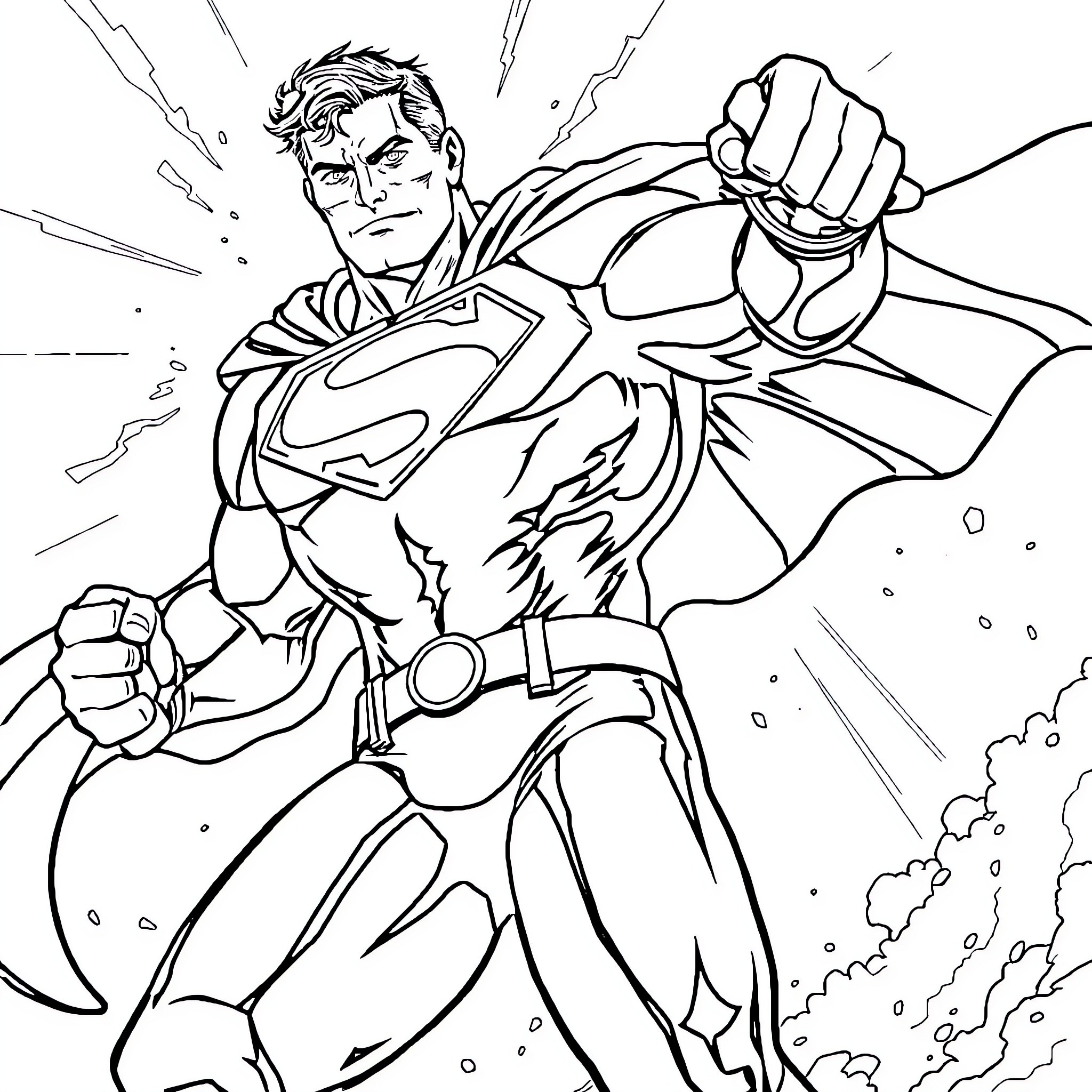 Superman heroically soaring through the sky Coloring Page (free black-and-white line drawing printable PDF for all, from beginners to advanced learners, including children, teens, adults, and seniors)