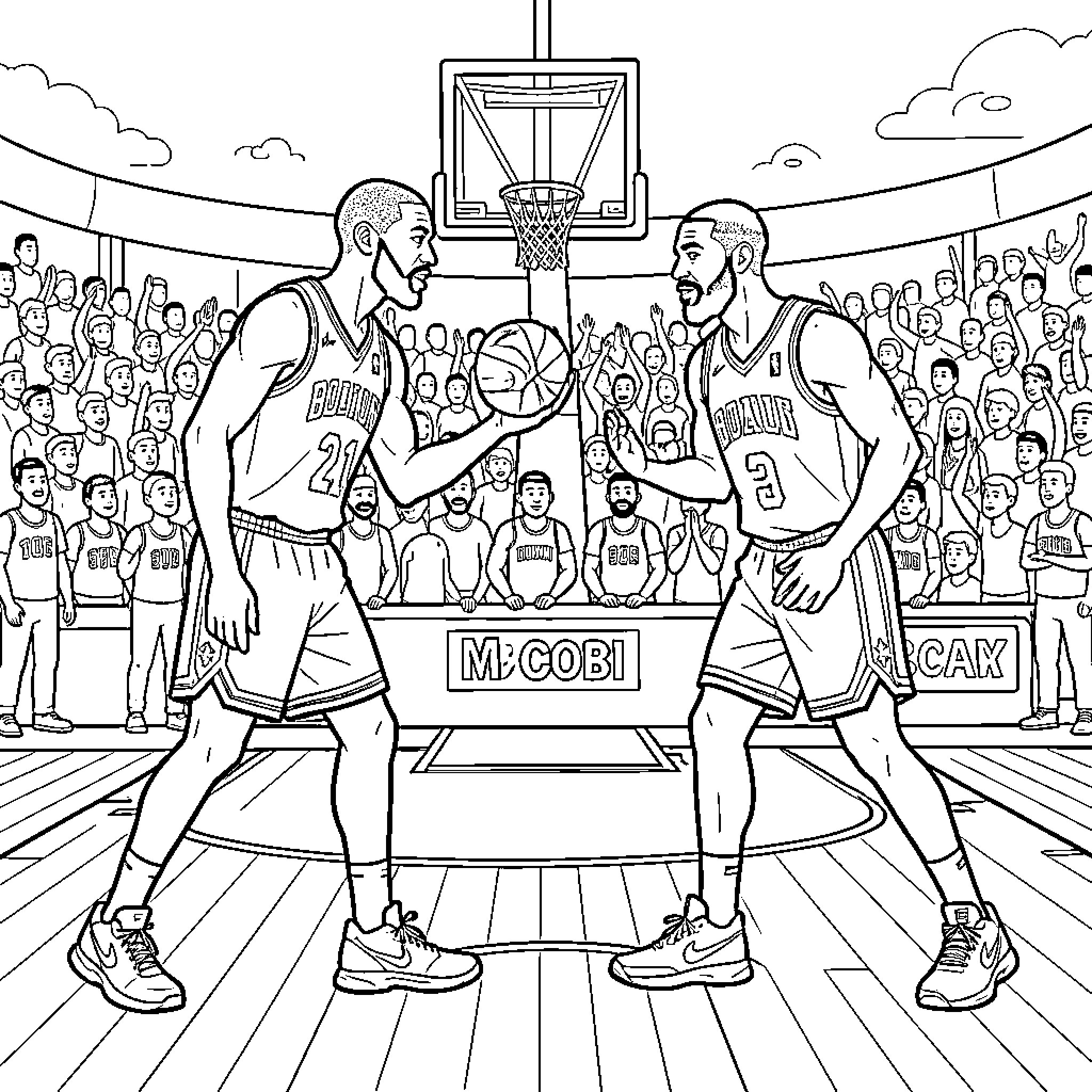 Jordan basketball player dribbling in front of a crowd Coloring Page (free black-and-white line drawing printable PDF for all, from beginners to advanced learners, including children, teens, adults, and seniors)