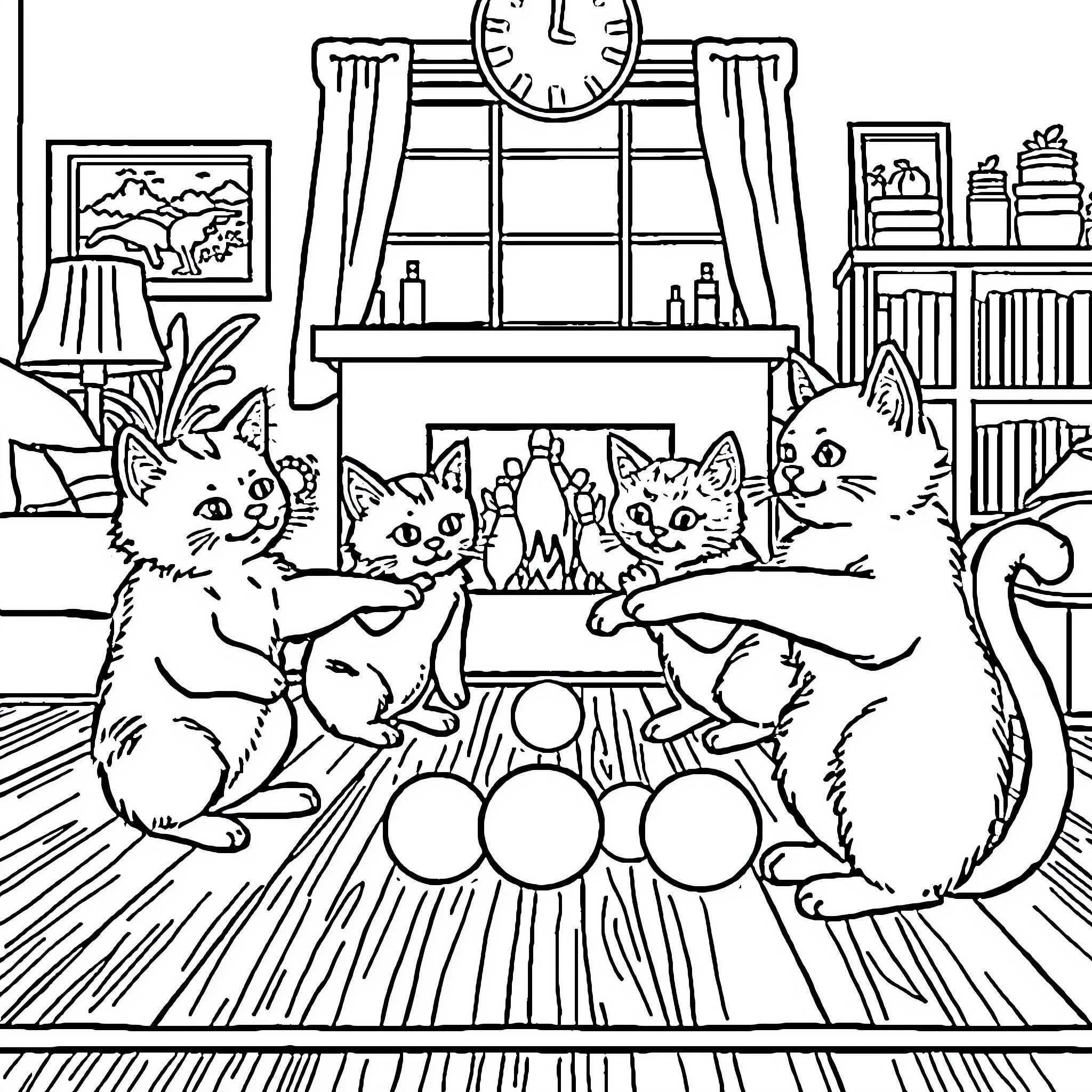 Cat family playing with toys in cozy living room Coloring Page (free black-and-white line drawing printable PDF for all, from beginners to advanced learners, including children, teens, adults, and seniors)
