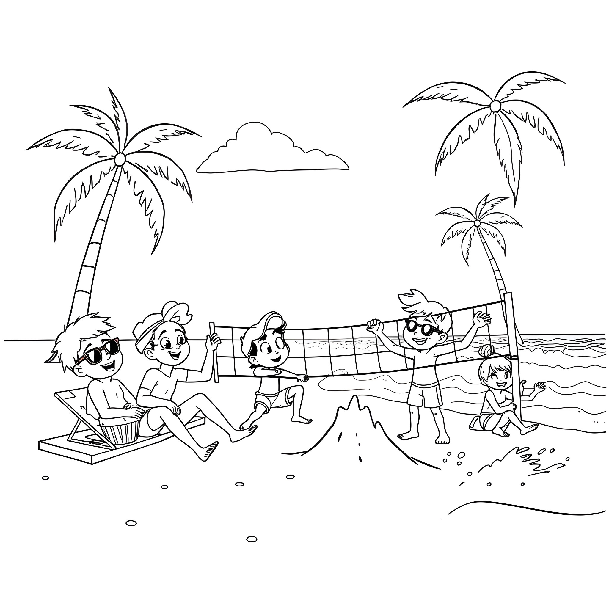 Hero kids enjoying beach volleyball game Coloring Page (free black-and-white line drawing printable PDF for all, from beginners to advanced learners, including children, teens, adults, and seniors)