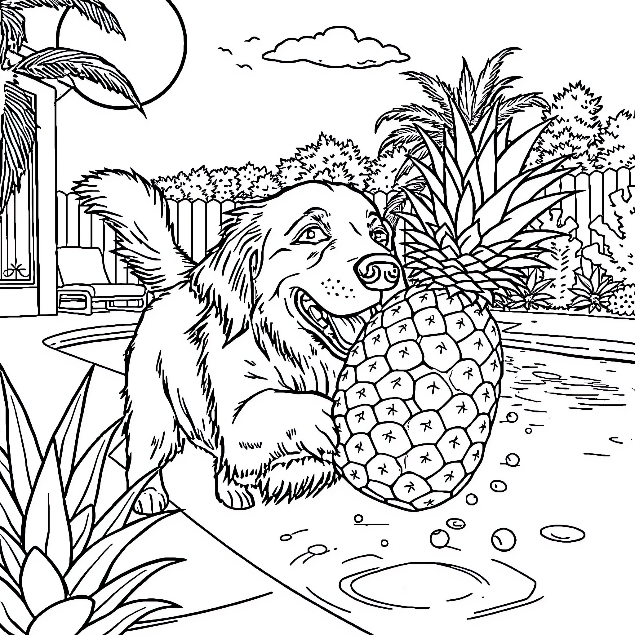Golden Retriever enjoying tropical scenery with pineapple Coloring Page (free black-and-white line drawing printable PDF for all, from beginners to advanced learners, including children, teens, adults, and seniors)