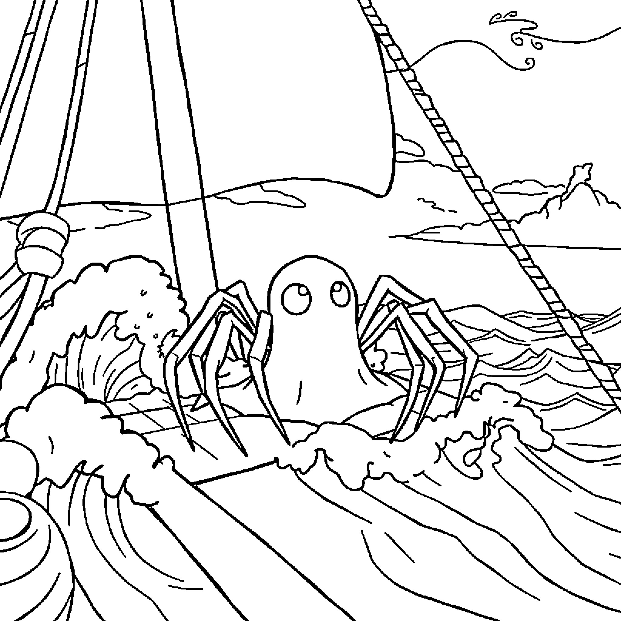 Spider climbing up a ladder in a stormy sea Coloring Page (free black-and-white line drawing printable PDF for all, from beginners to advanced learners, including children, teens, adults, and seniors)