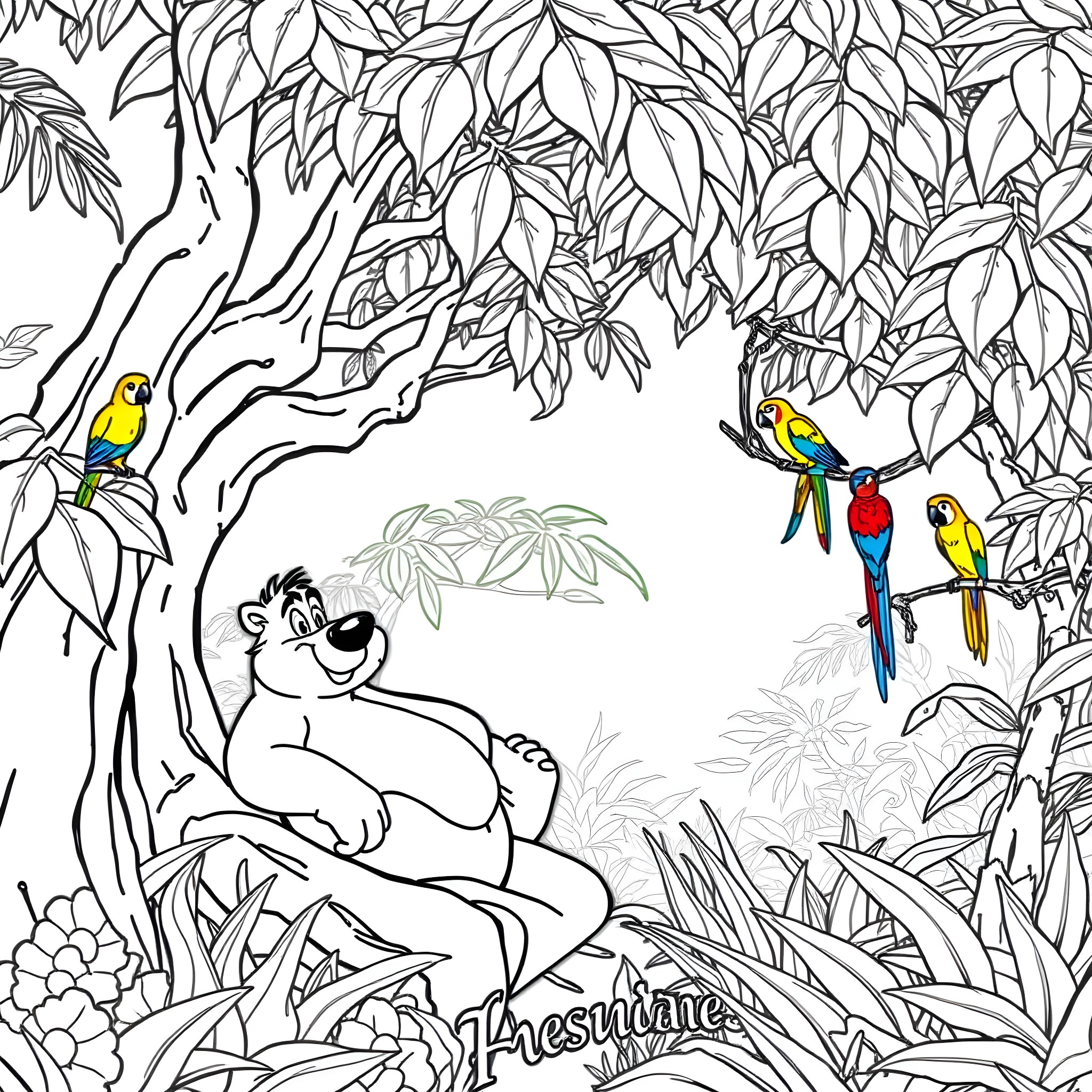 Jungle Book: Playful Animals in the Lush Foliage Coloring Page (free black-and-white line drawing printable PDF for all, from beginners to advanced learners, including children, teens, adults, and seniors)