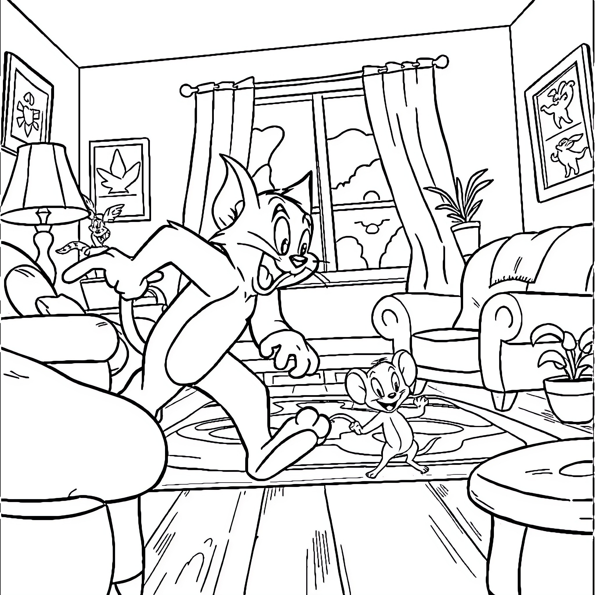 Tom & Jerry's Playful Antics in Cozy Indoor Scene Coloring Page (free black-and-white line drawing printable PDF for all, from beginners to advanced learners, including children, teens, adults, and seniors)