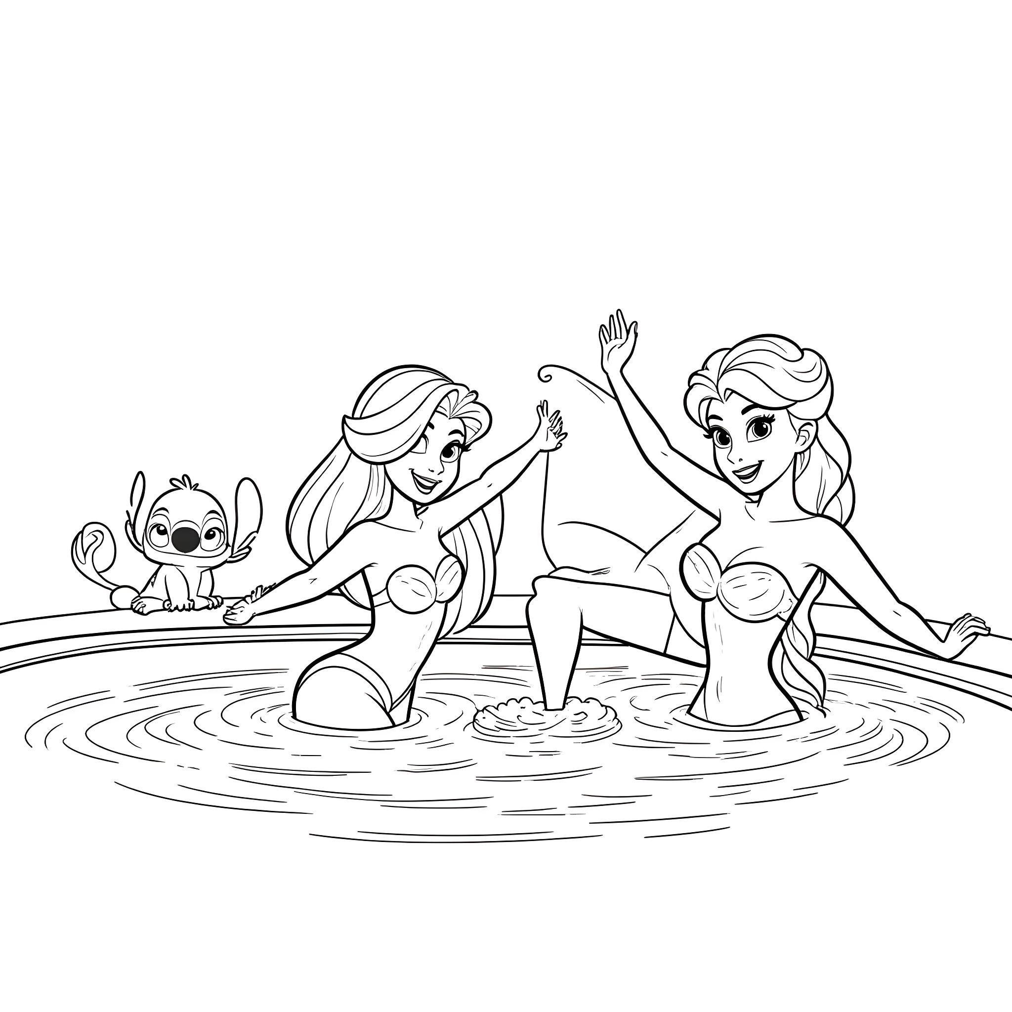 Ariel and friends joyfully playing in the water Coloring Page (free black-and-white line drawing printable PDF for all, from beginners to advanced learners, including children, teens, adults, and seniors)
