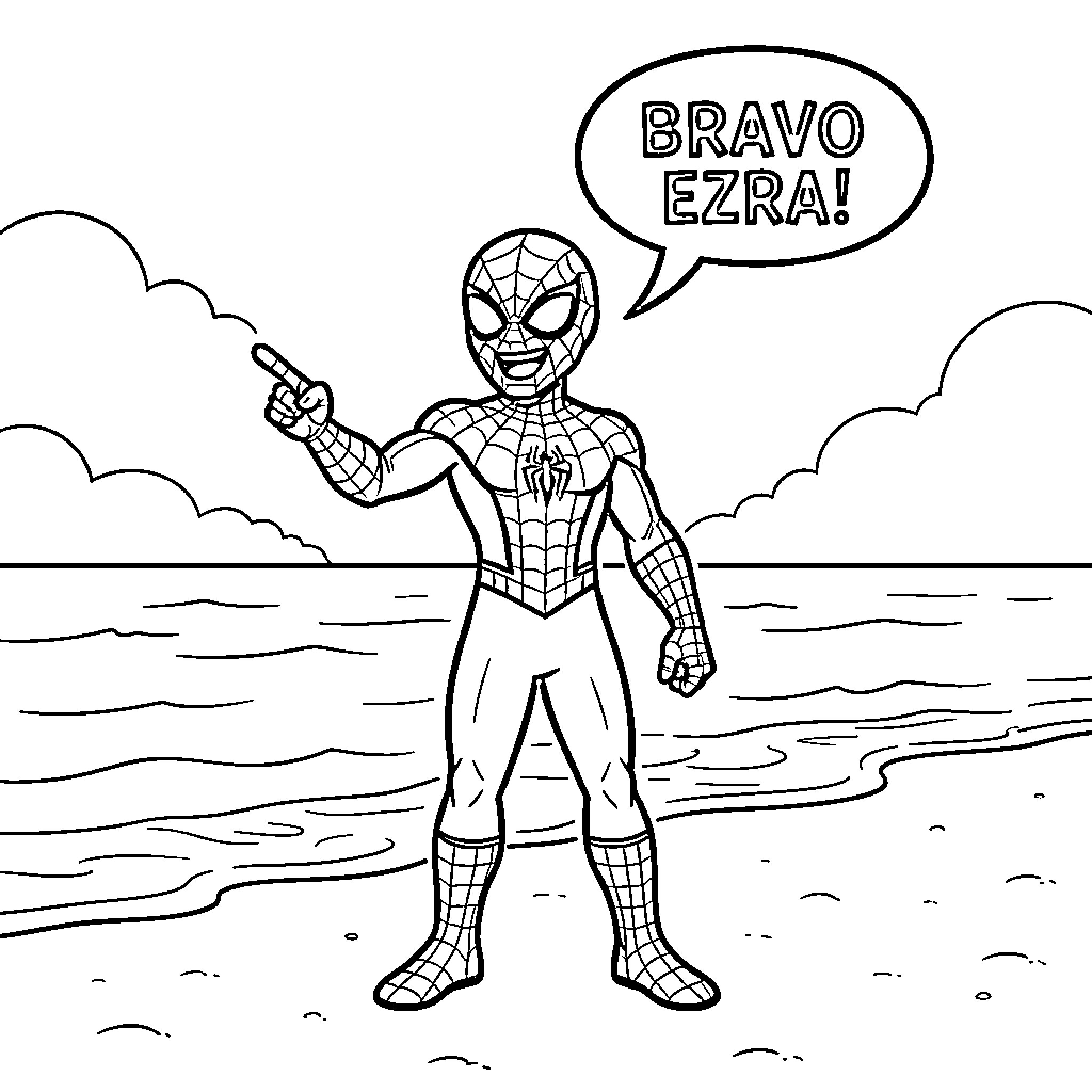 Spiderman encourages Ezra with enthusiasm on the beach Coloring Page (free black-and-white line drawing printable PDF for all, from beginners to advanced learners, including children, teens, adults, and seniors)