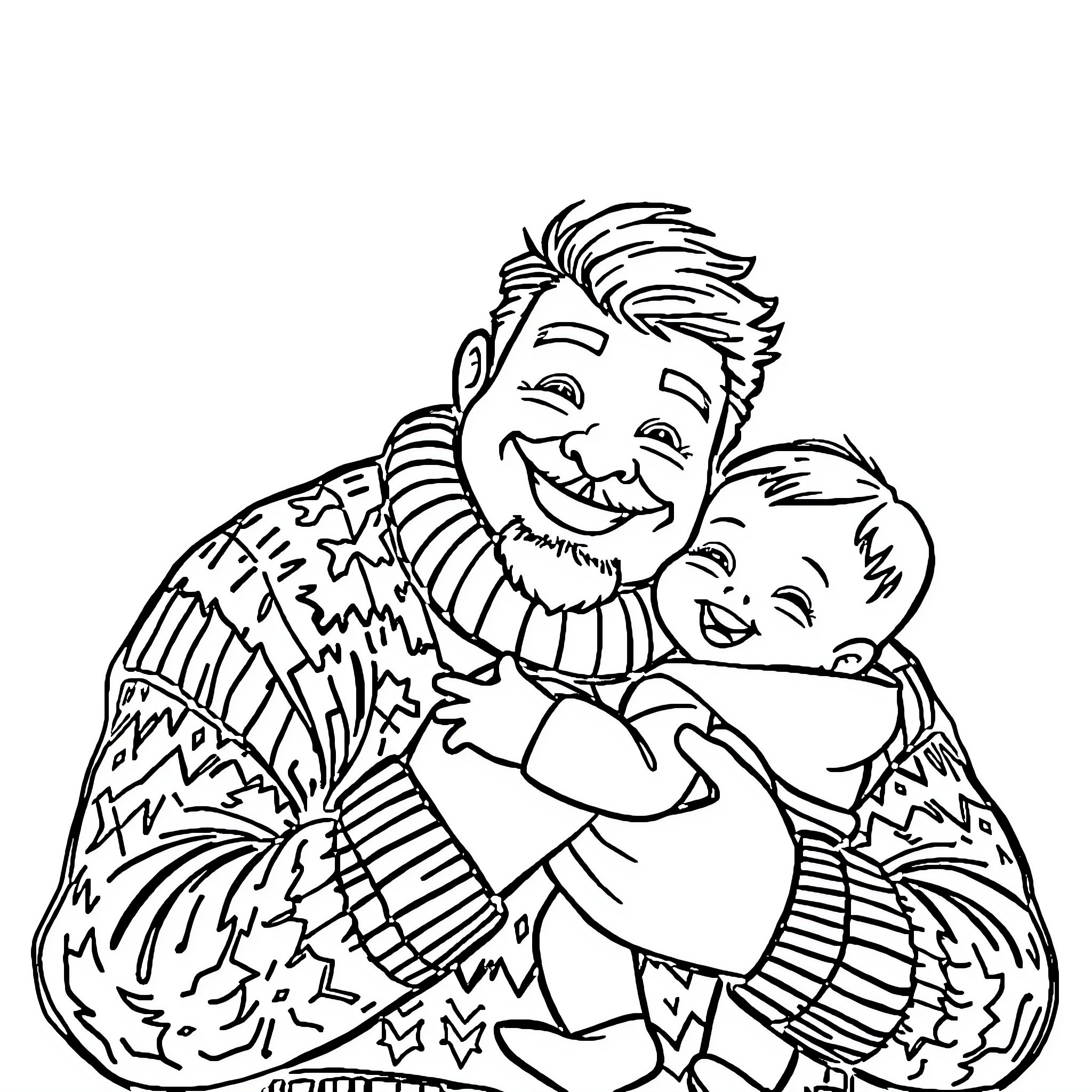 Papa Hugs His Joyful Son Affectionately Coloring Page (free black-and-white line drawing printable PDF for all, from beginners to advanced learners, including children, teens, adults, and seniors)