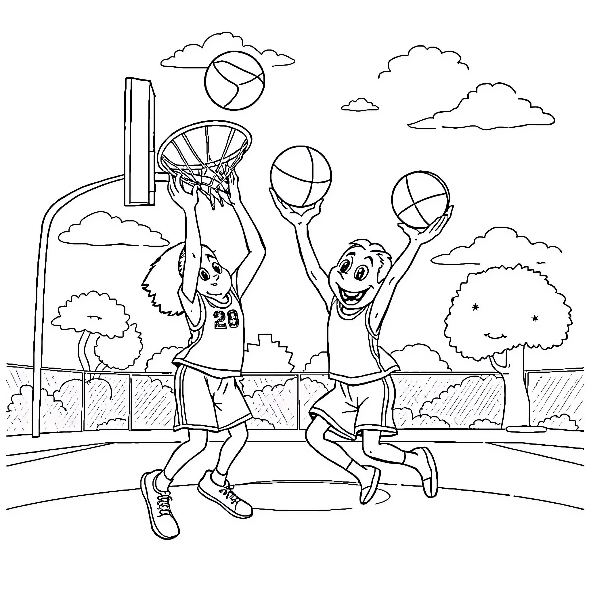 Bluey's Basketball Game with Friends Coloring Page (free black-and-white line drawing printable PDF for all, from beginners to advanced learners, including children, teens, adults, and seniors)