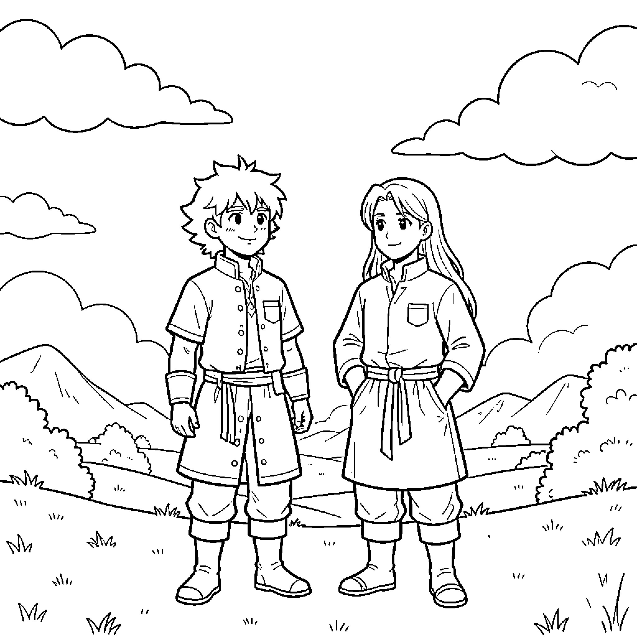 Hak y Yona exploring the outdoors Coloring Page (free black-and-white line drawing printable PDF for all, from beginners to advanced learners, including children, teens, adults, and seniors)