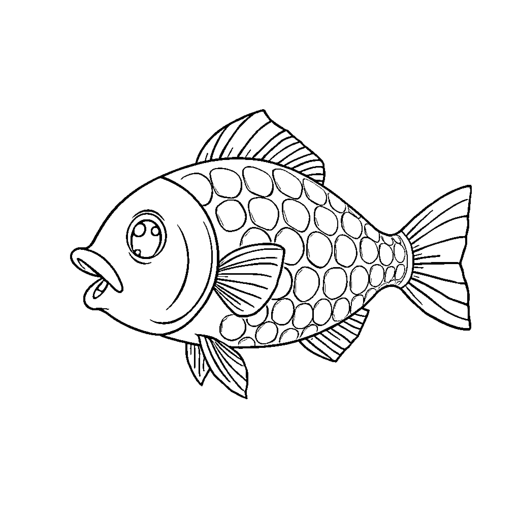 Fish swimming with fun expression Coloring Page (free black-and-white line drawing printable PDF for all, from beginners to advanced learners, including children, teens, adults, and seniors)
