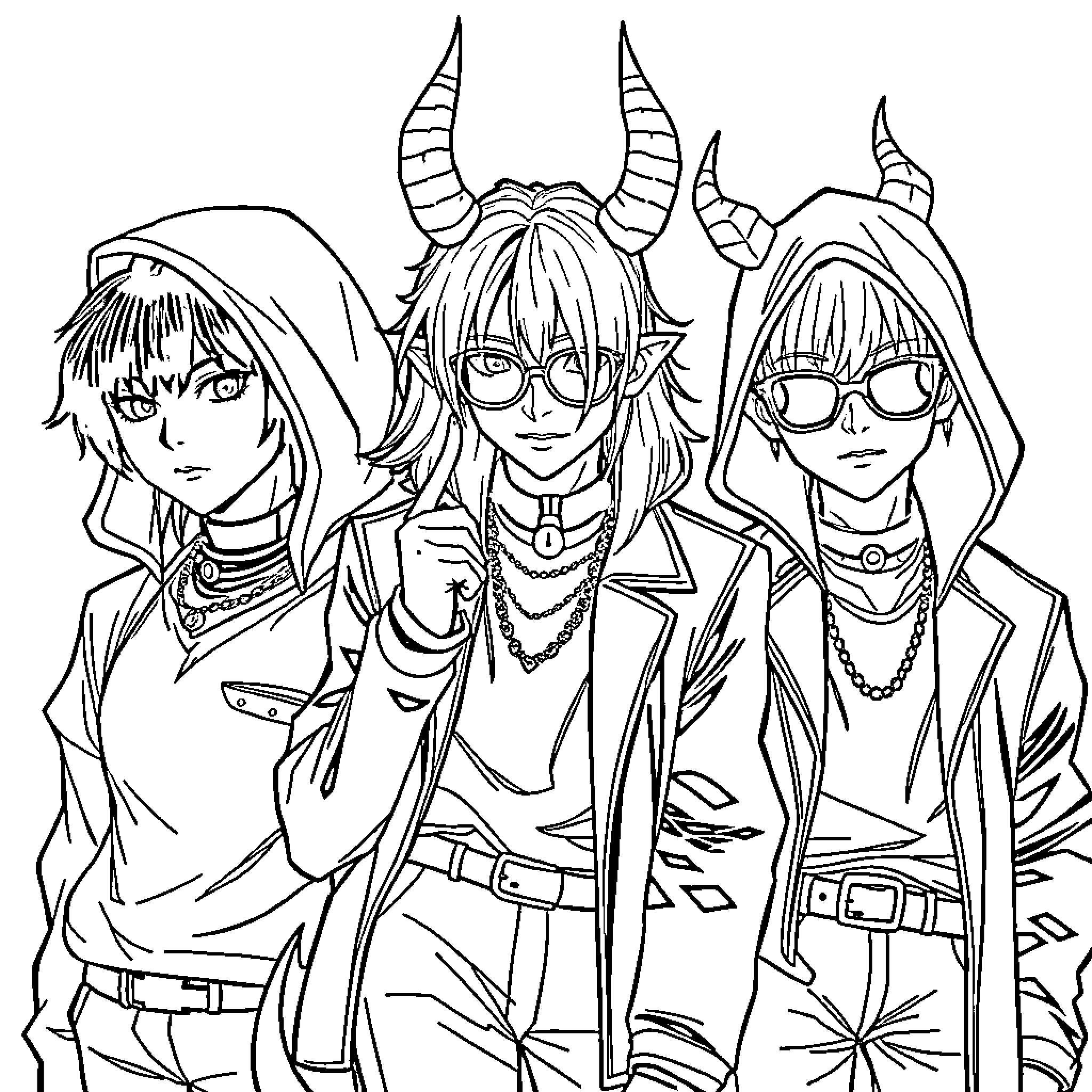 Demon Hunters in Fierce Attire Coloring Page (free black-and-white line drawing printable PDF for all, from beginners to advanced learners, including children, teens, adults, and seniors)