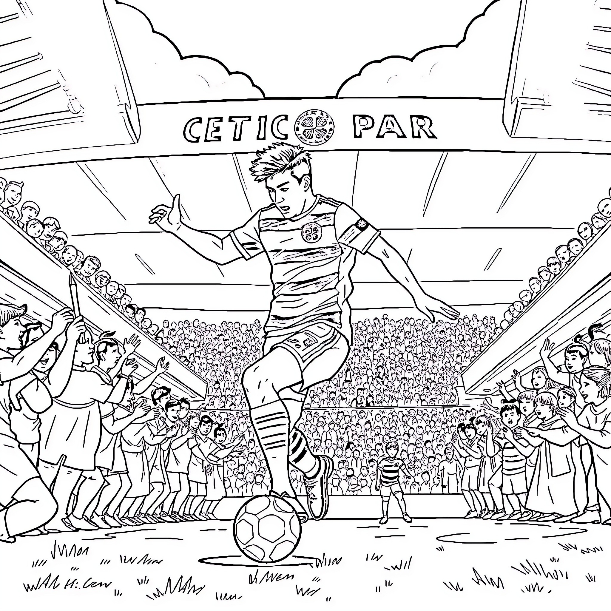 Jota celebrating soccer victory at Celtic Park Coloring Page (free black-and-white line drawing printable PDF for all, from beginners to advanced learners, including children, teens, adults, and seniors)