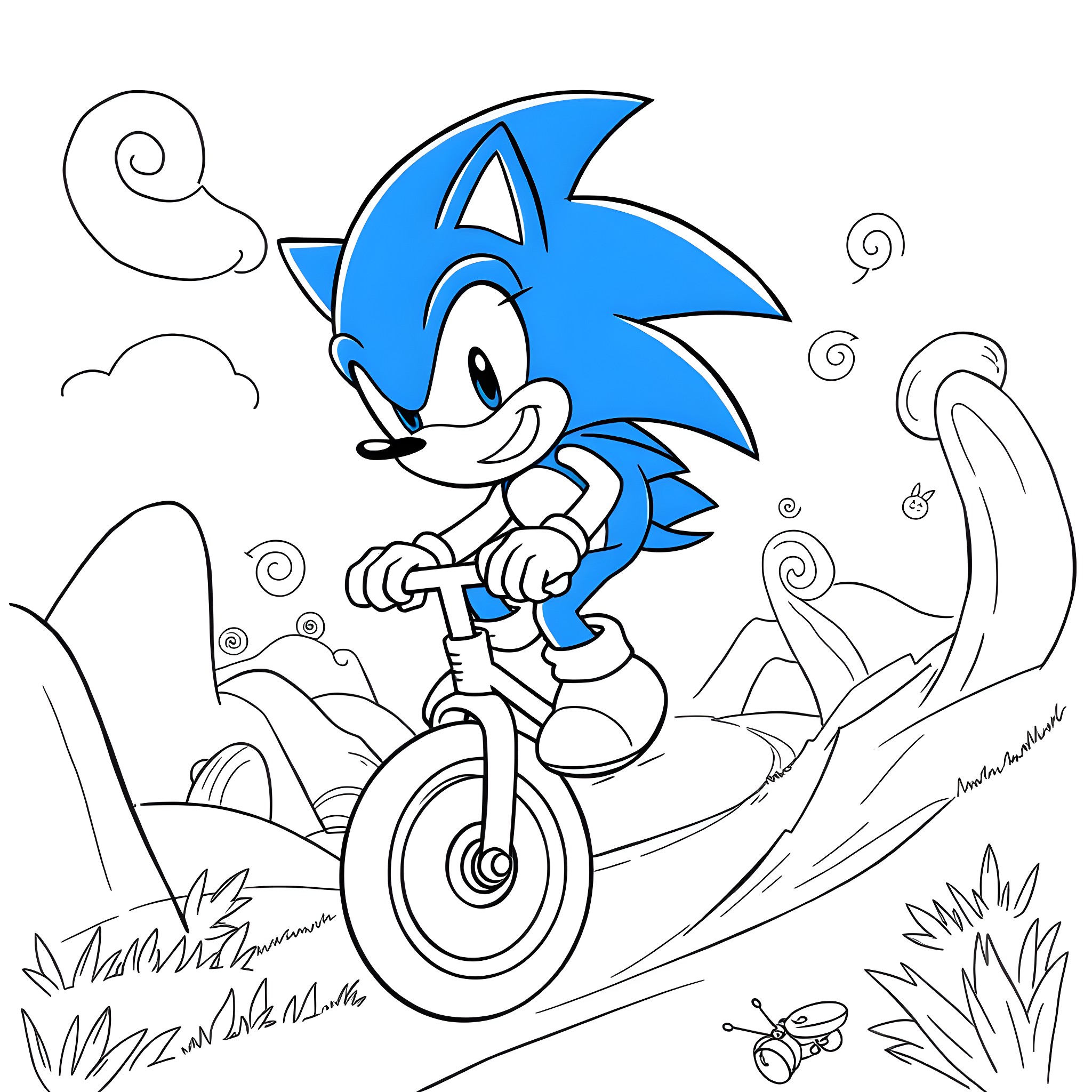 Sonic riding a bicycle through the countryside Coloring Page (free black-and-white line drawing printable PDF for all, from beginners to advanced learners, including children, teens, adults, and seniors)