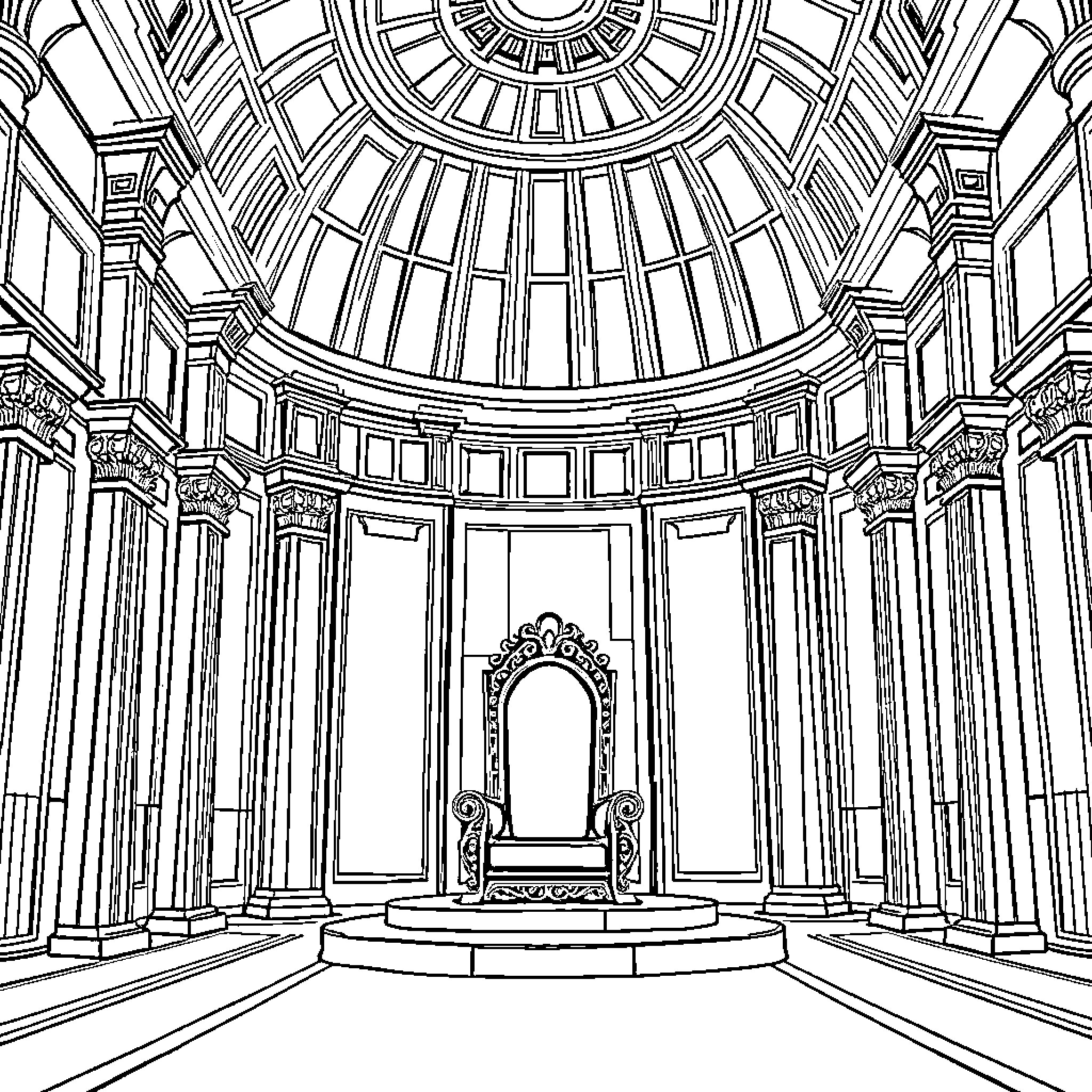 Throne Room of a Majestic Palace Coloring Page (free black-and-white line drawing printable PDF for all, from beginners to advanced learners, including children, teens, adults, and seniors)