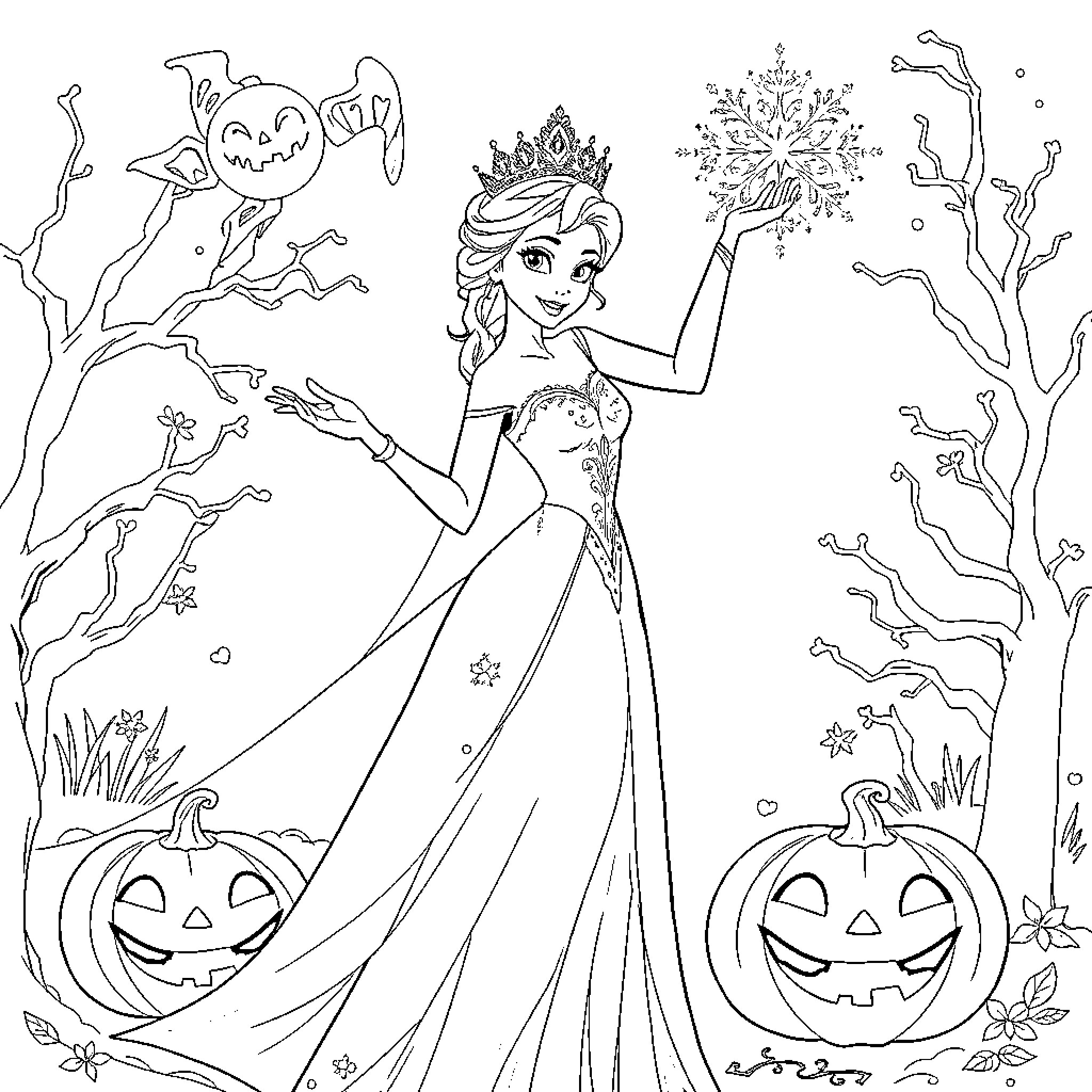 Elsa's Magical Halloween Celebration Coloring Page (free black-and-white line drawing printable PDF for all, from beginners to advanced learners, including children, teens, adults, and seniors)