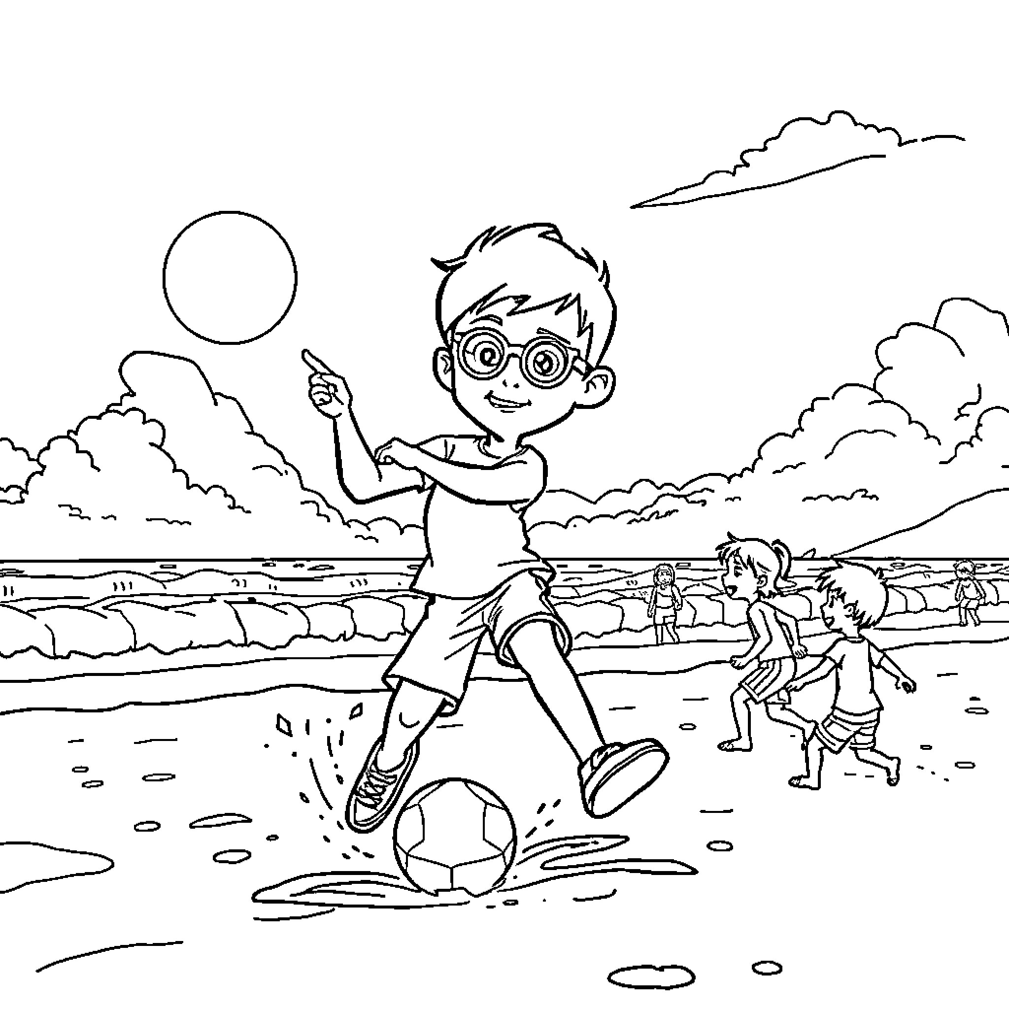 Ben10 playing soccer with friends on the beach Coloring Page (free black-and-white line drawing printable PDF for all, from beginners to advanced learners, including children, teens, adults, and seniors)