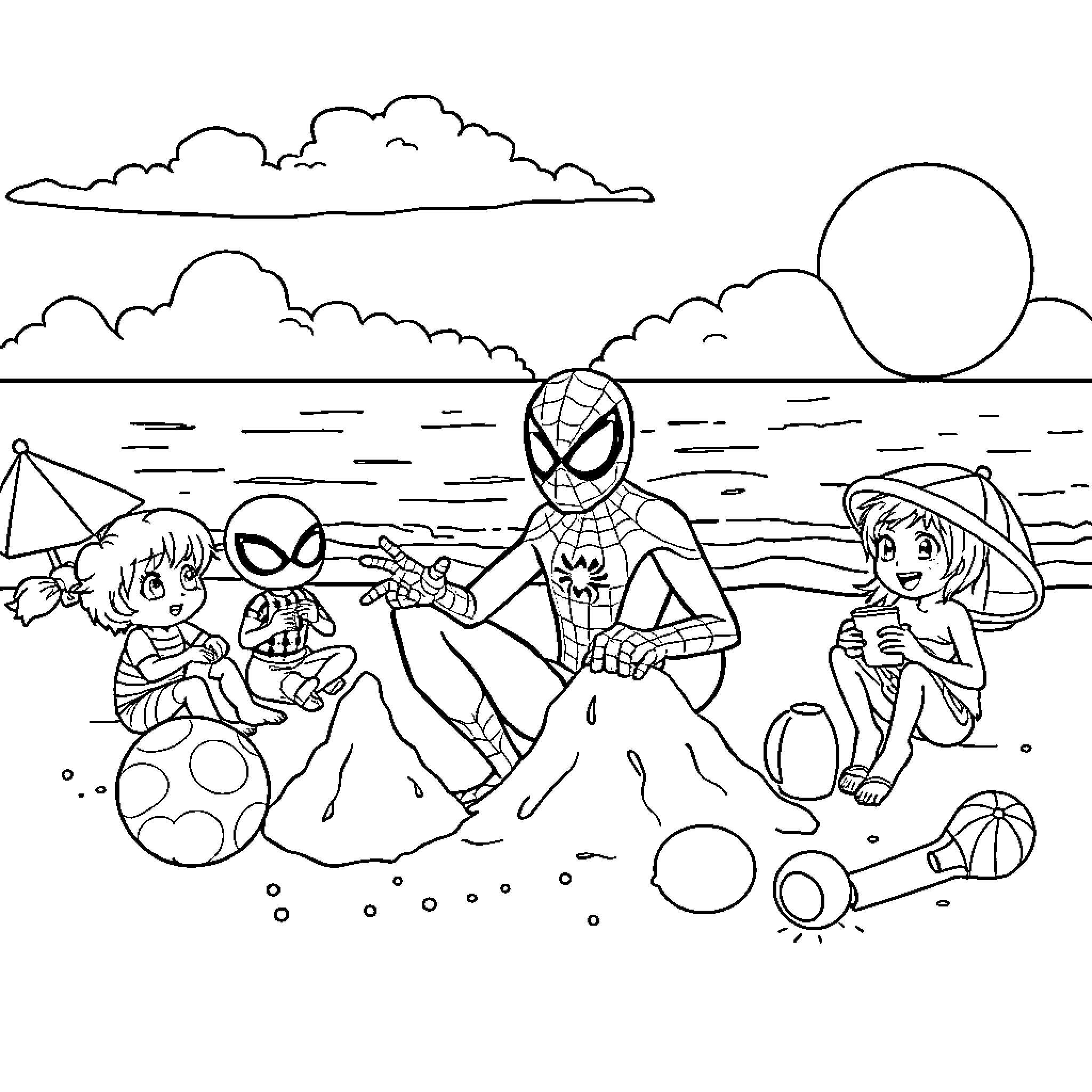 Spidey's Beach Day with Friends Coloring Page (free black-and-white line drawing printable PDF for all, from beginners to advanced learners, including children, teens, adults, and seniors)