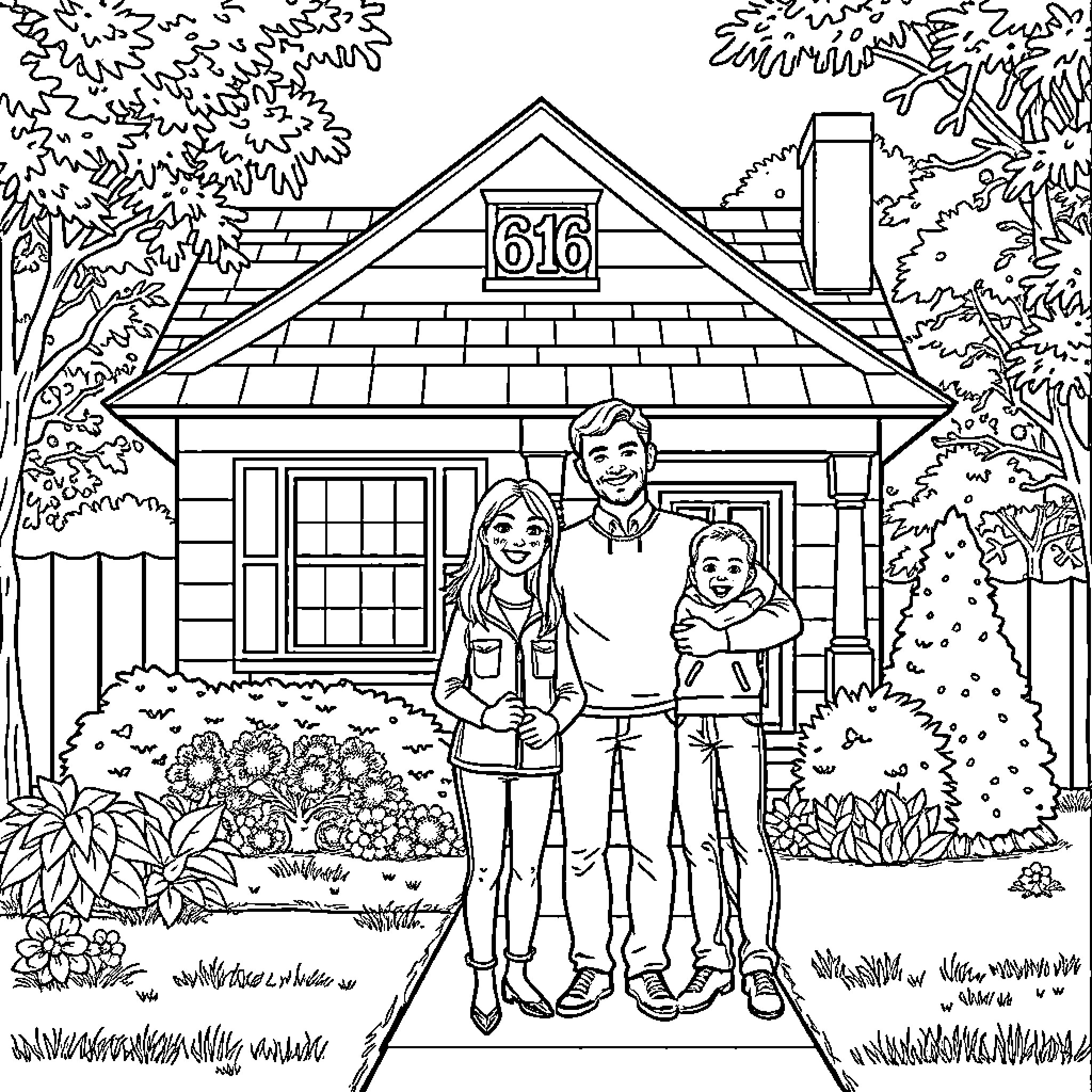 House with family posing outside Coloring Page (free black-and-white line drawing printable PDF for all, from beginners to advanced learners, including children, teens, adults, and seniors)