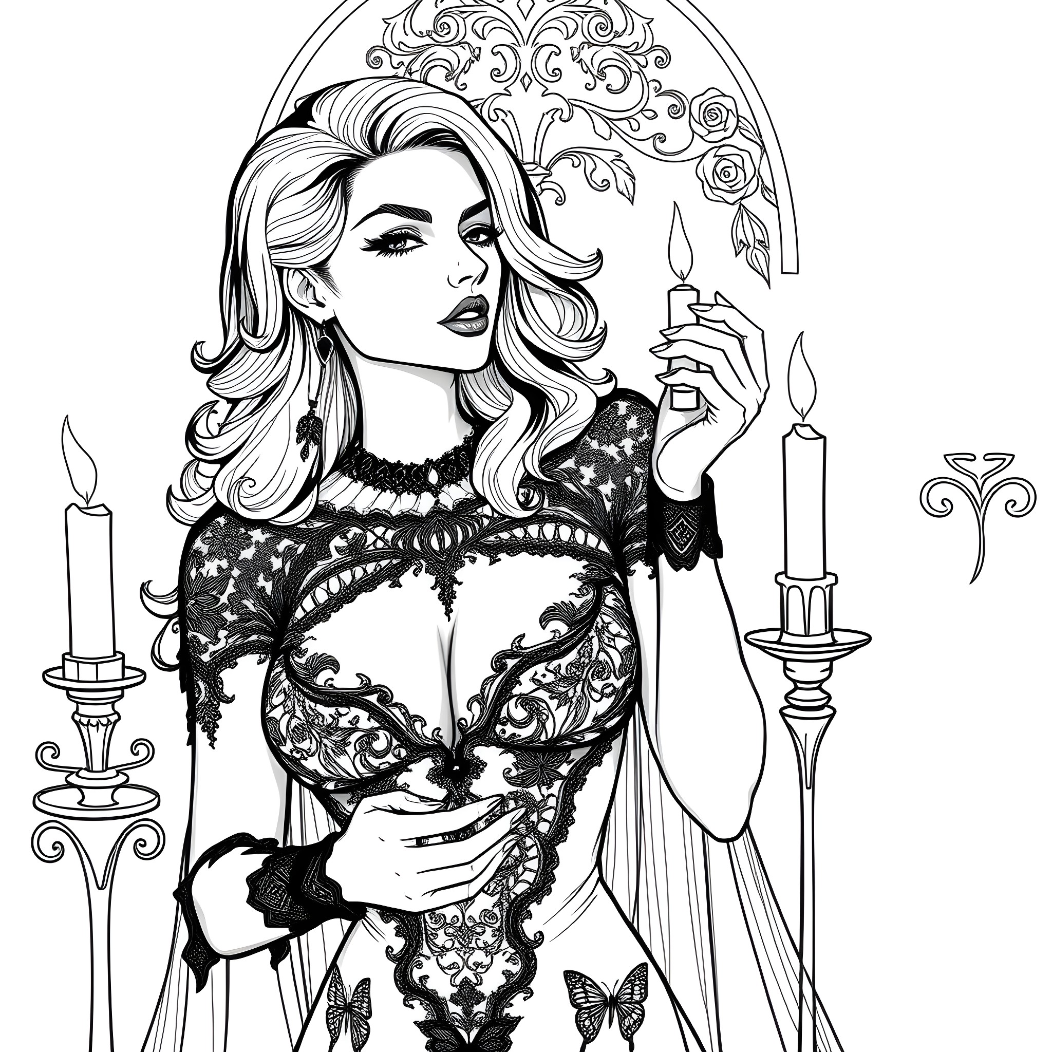 Goth girl with candles in ornate setting Coloring Page (free black-and-white line drawing printable PDF for all, from beginners to advanced learners, including children, teens, adults, and seniors)
