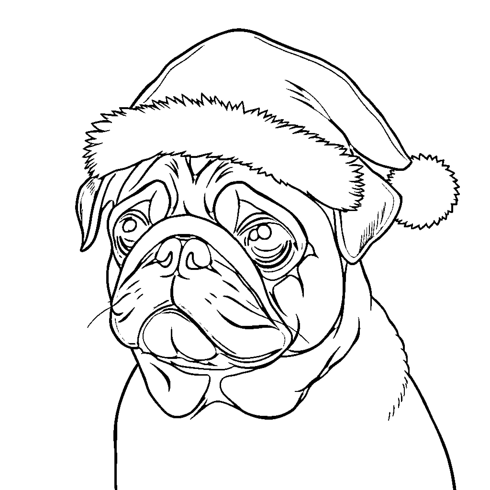 Pug wearing a Santa hat Coloring Page (free black-and-white line drawing printable PDF for all, from beginners to advanced learners, including children, teens, adults, and seniors)