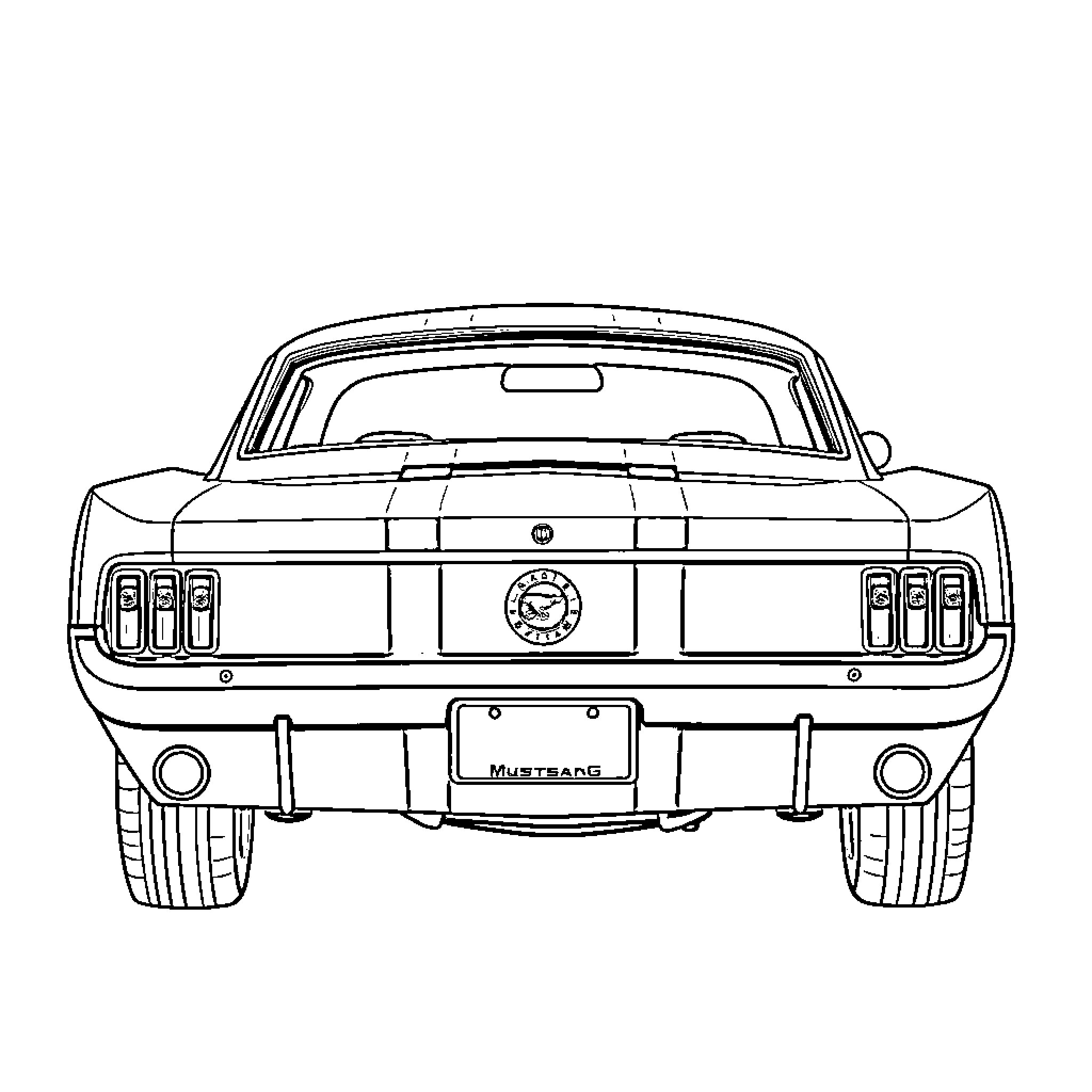 Mustang rear view line art illustration Coloring Page (free black-and-white line drawing printable PDF for all, from beginners to advanced learners, including children, teens, adults, and seniors)