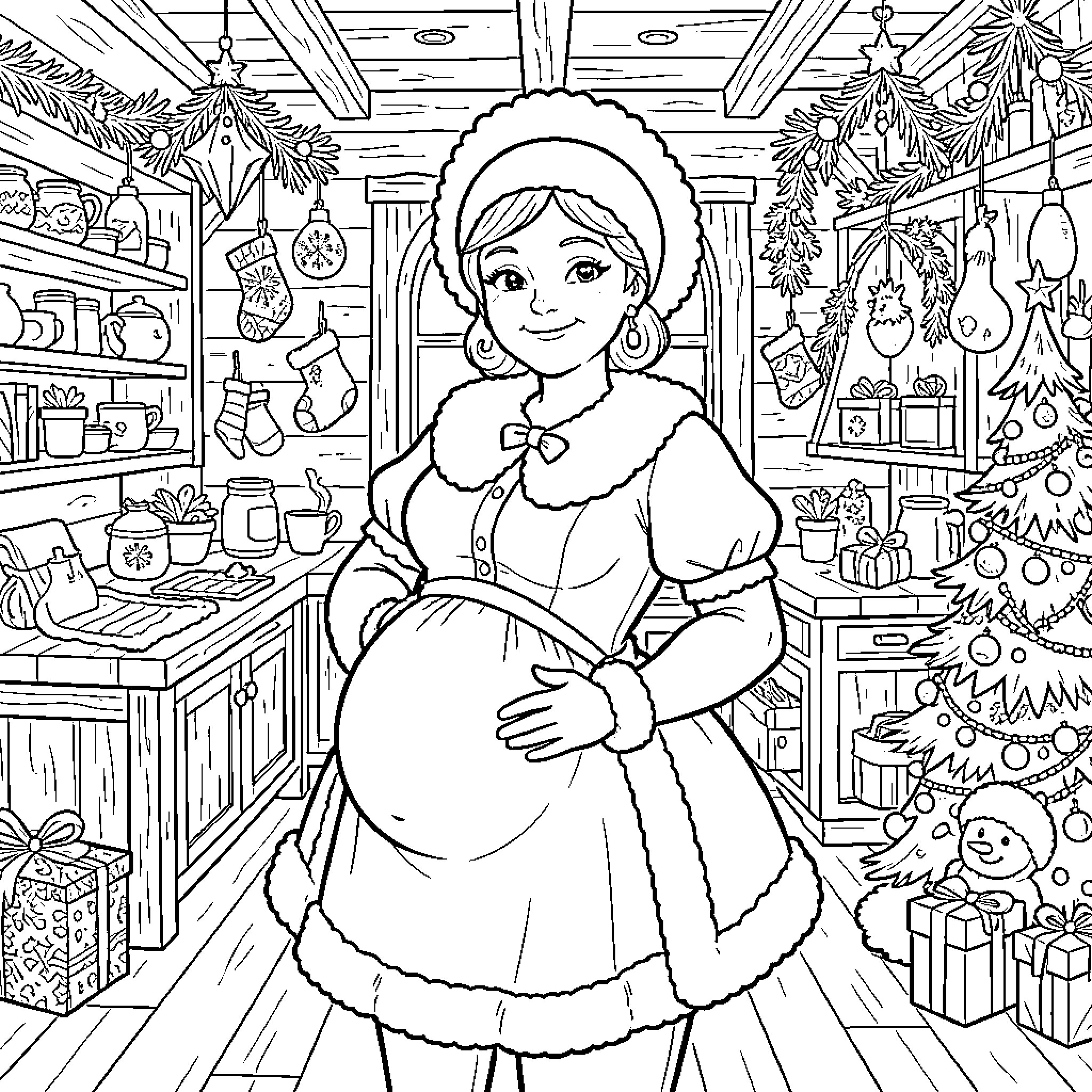 Mrs. Claus Preparing for the Holidays in Festive Home Coloring Page (free black-and-white line drawing printable PDF for all, from beginners to advanced learners, including children, teens, adults, and seniors)