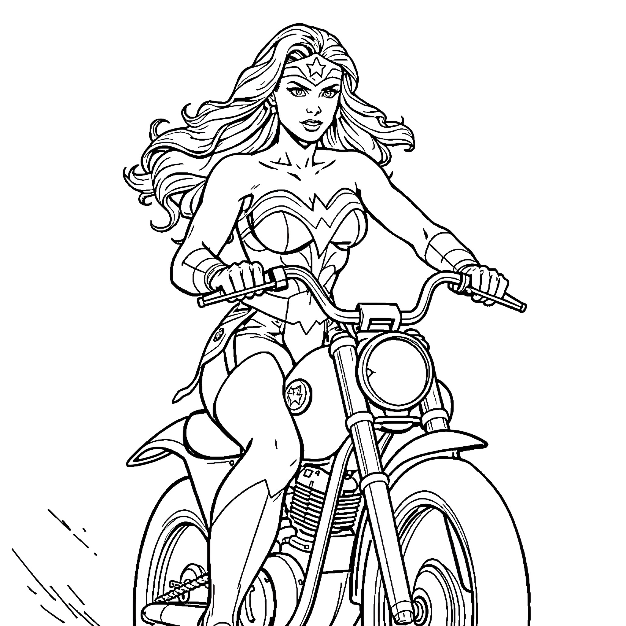 Wonder Woman riding a motorcycle with fierce determination Coloring Page (free black-and-white line drawing printable PDF for all, from beginners to advanced learners, including children, teens, adults, and seniors)