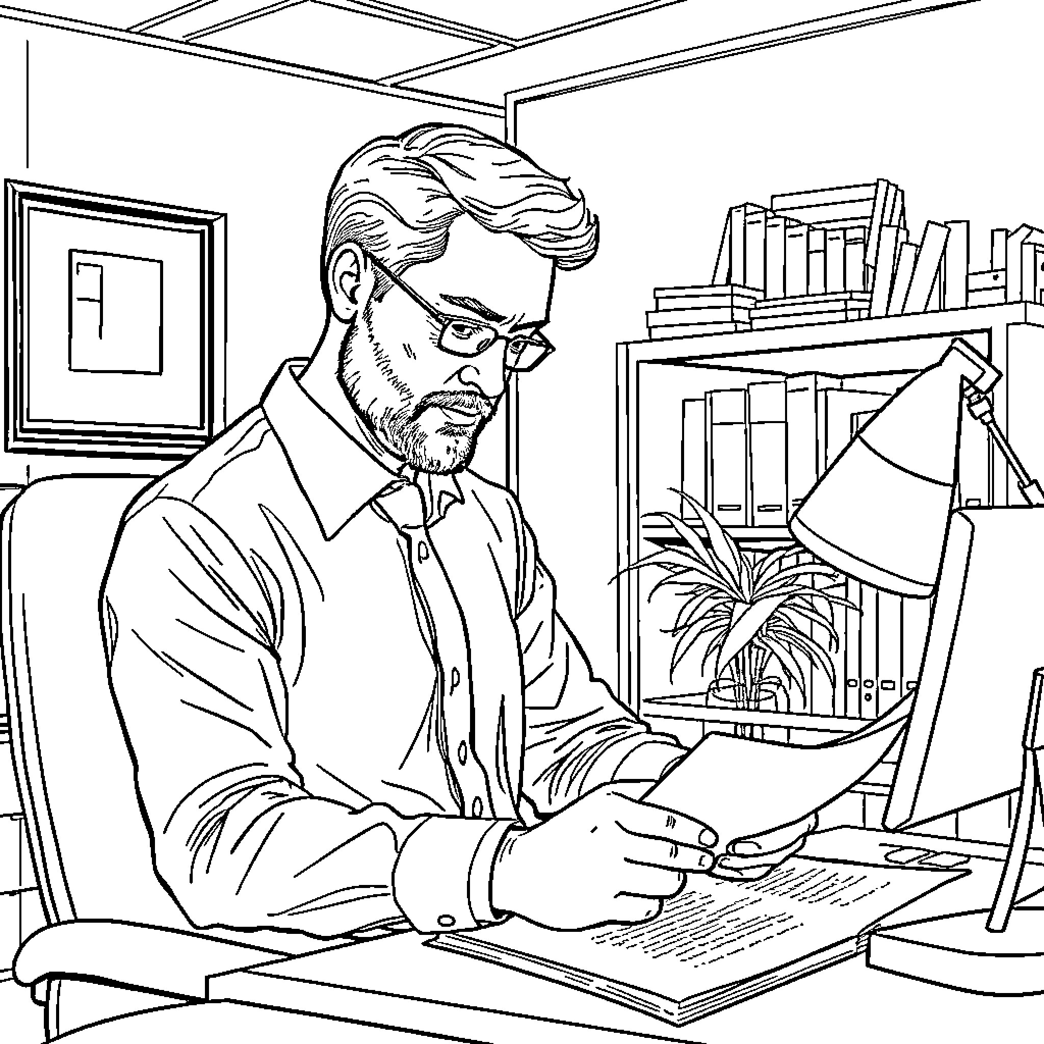 Justice Official Reviewing Documents in Office Coloring Page (free black-and-white line drawing printable PDF for all, from beginners to advanced learners, including children, teens, adults, and seniors)