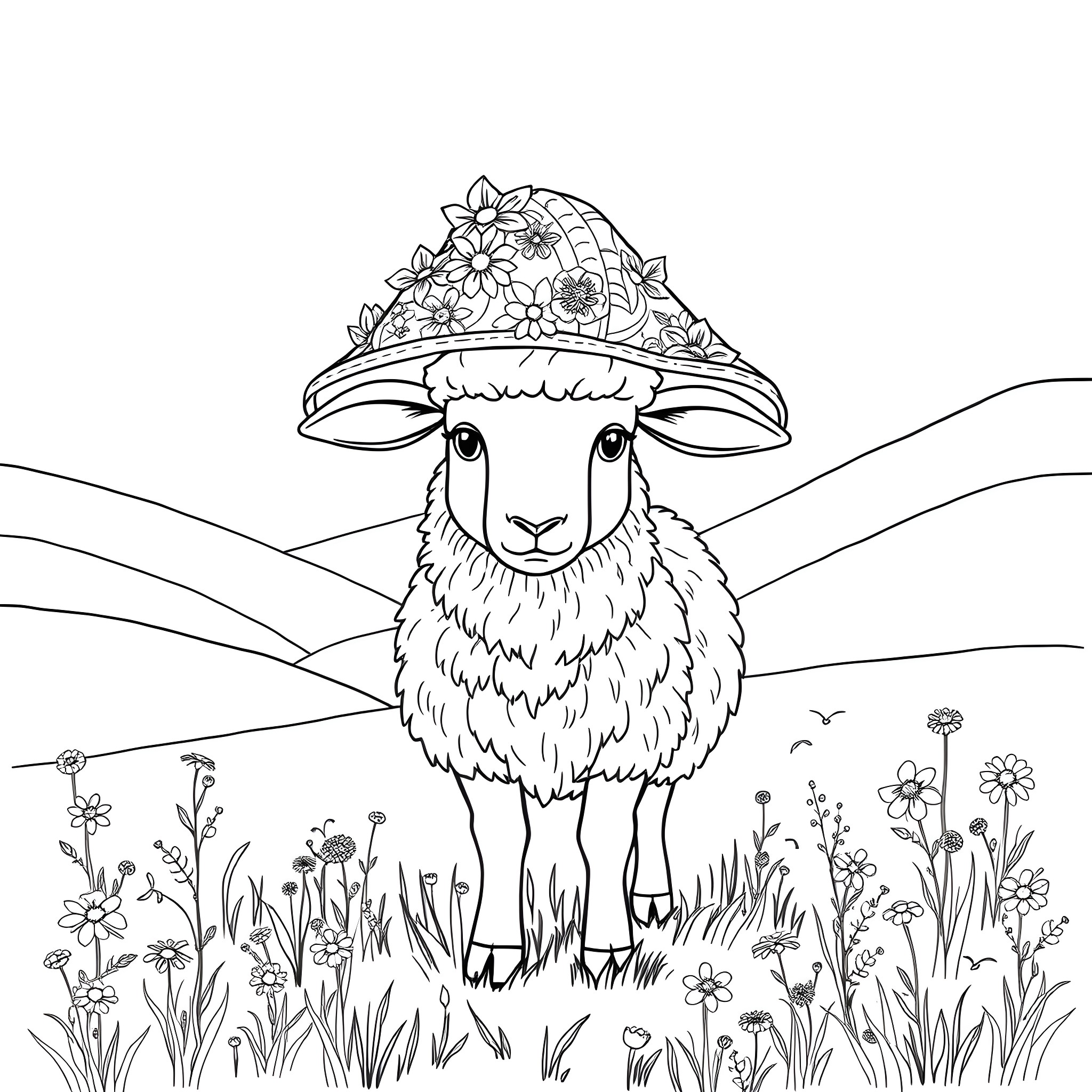 Sheep wearing a flower hat in a meadow Coloring Page (free black-and-white line drawing printable PDF for all, from beginners to advanced learners, including children, teens, adults, and seniors)
