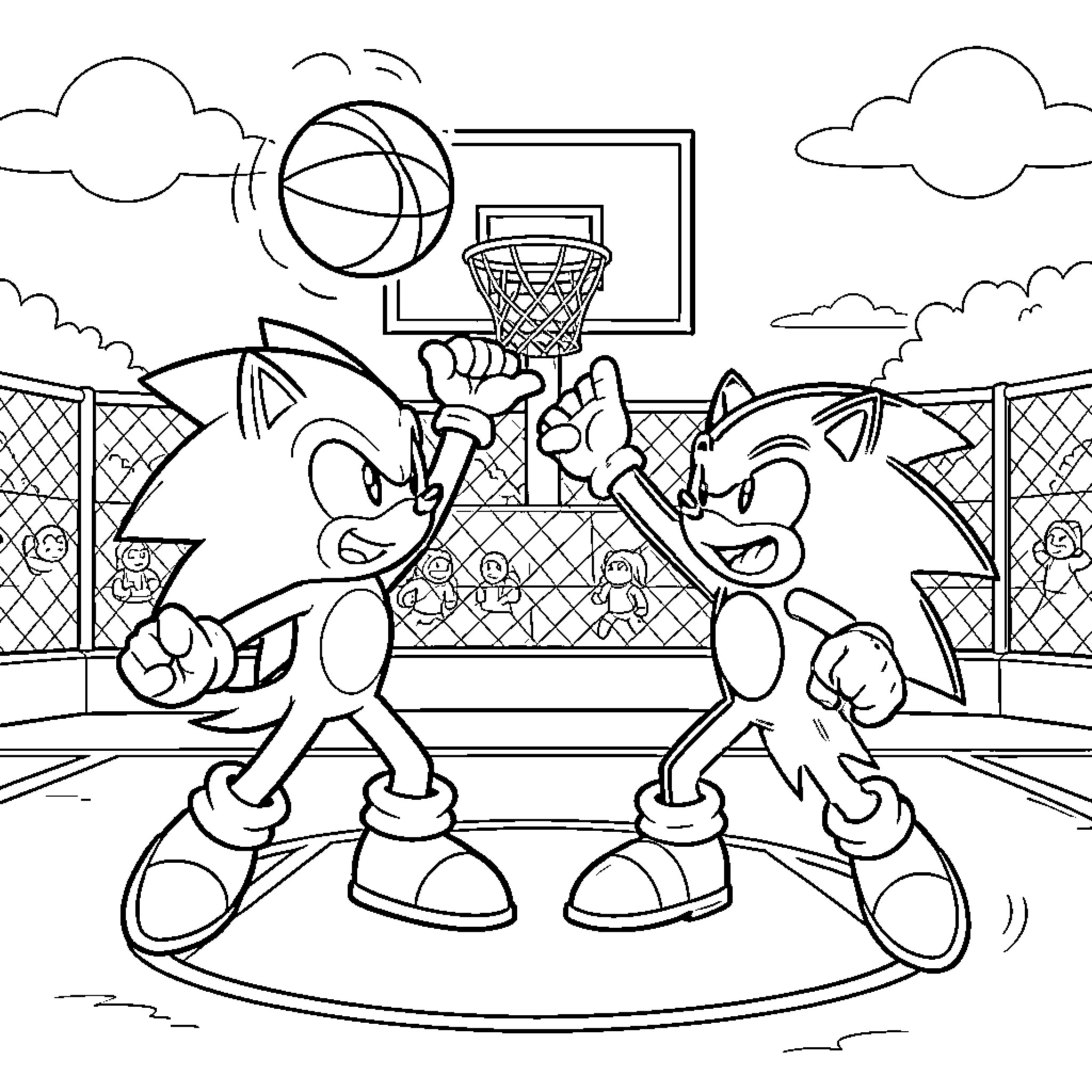 Sonic characters playing basketball on the court Coloring Page (free black-and-white line drawing printable PDF for all, from beginners to advanced learners, including children, teens, adults, and seniors)