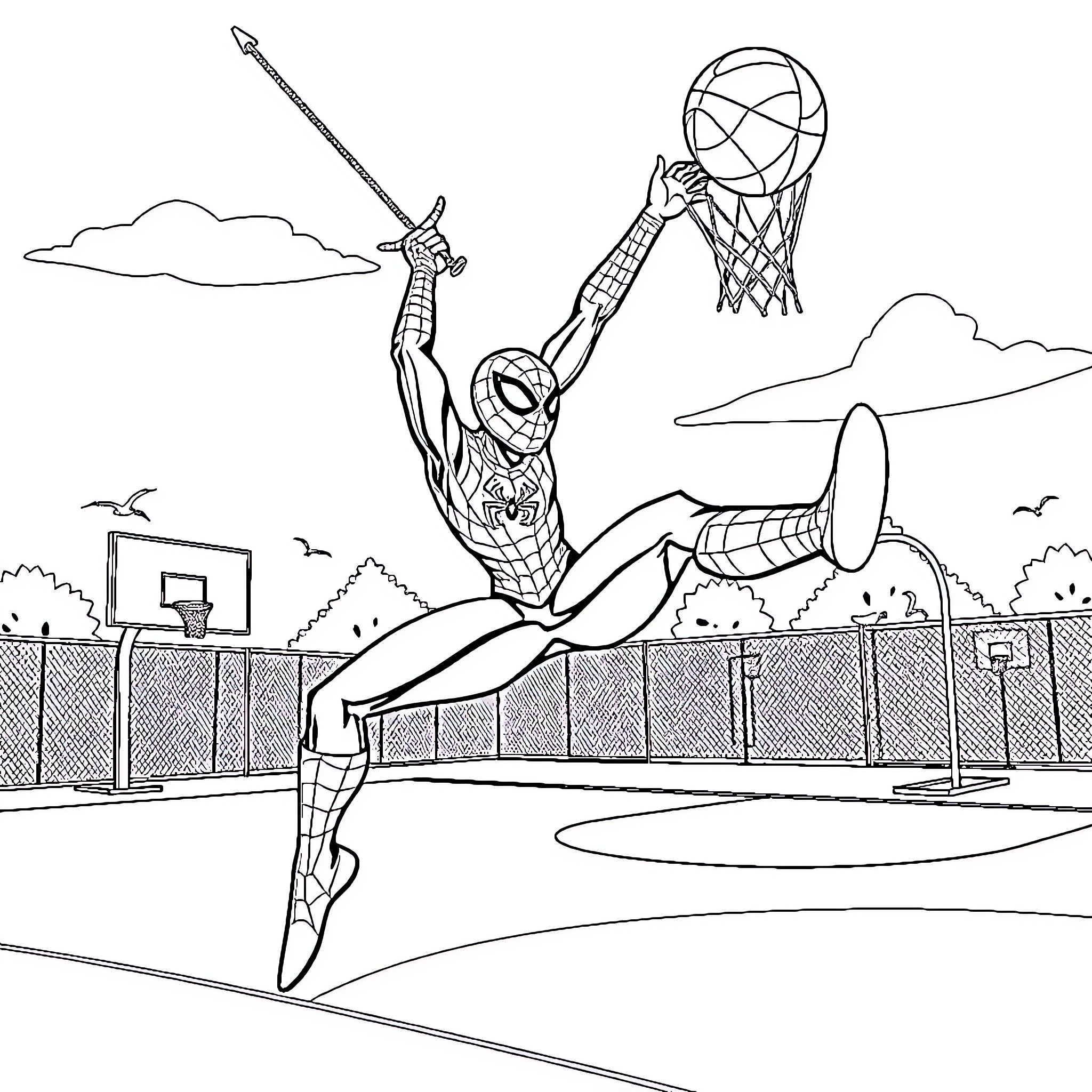 Spiderman performing acrobatic moves on basketball court Coloring Page (free black-and-white line drawing printable PDF for all, from beginners to advanced learners, including children, teens, adults, and seniors)