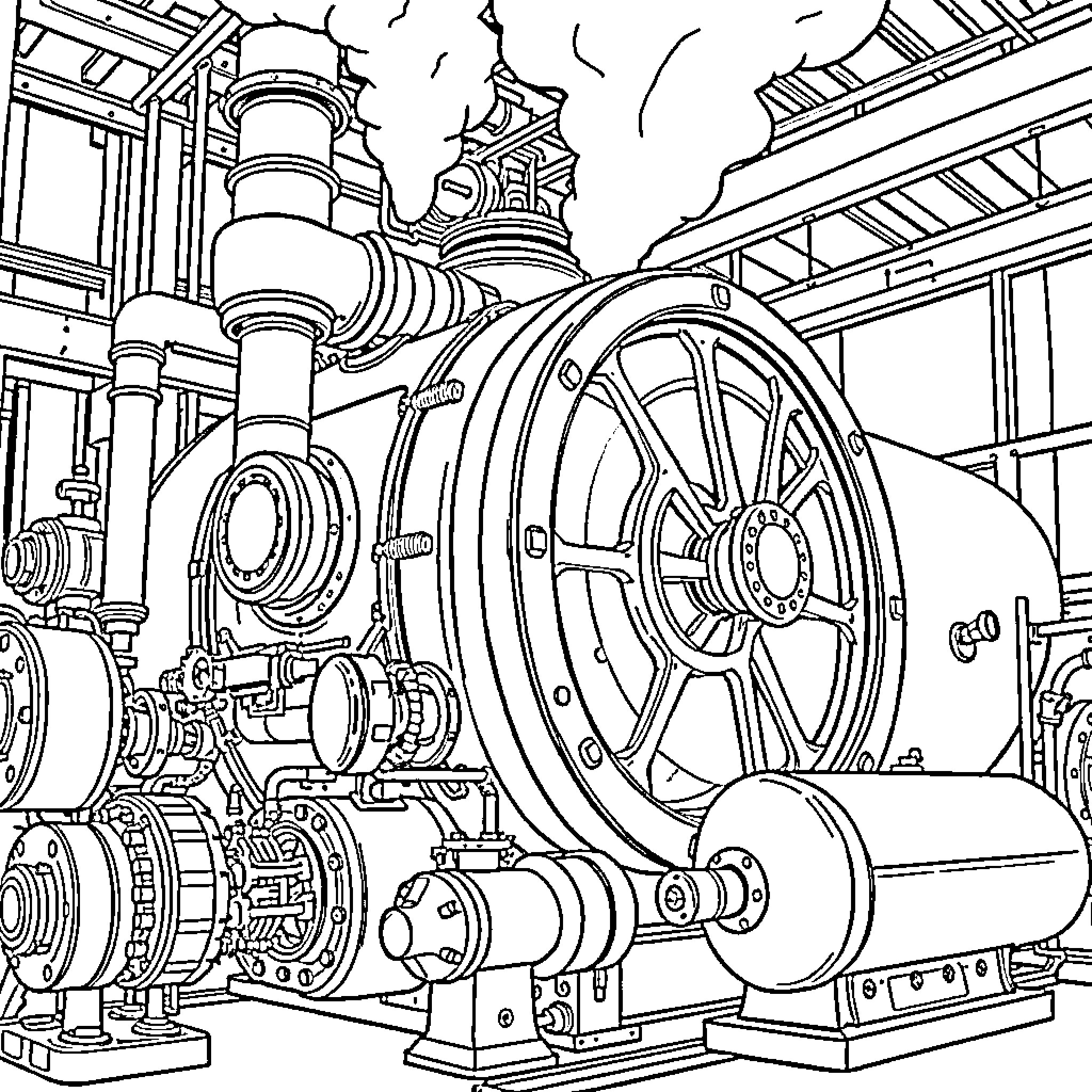 Boiler Room Machinery in Industrial Setting Coloring Page (free black-and-white line drawing printable PDF for all, from beginners to advanced learners, including children, teens, adults, and seniors)