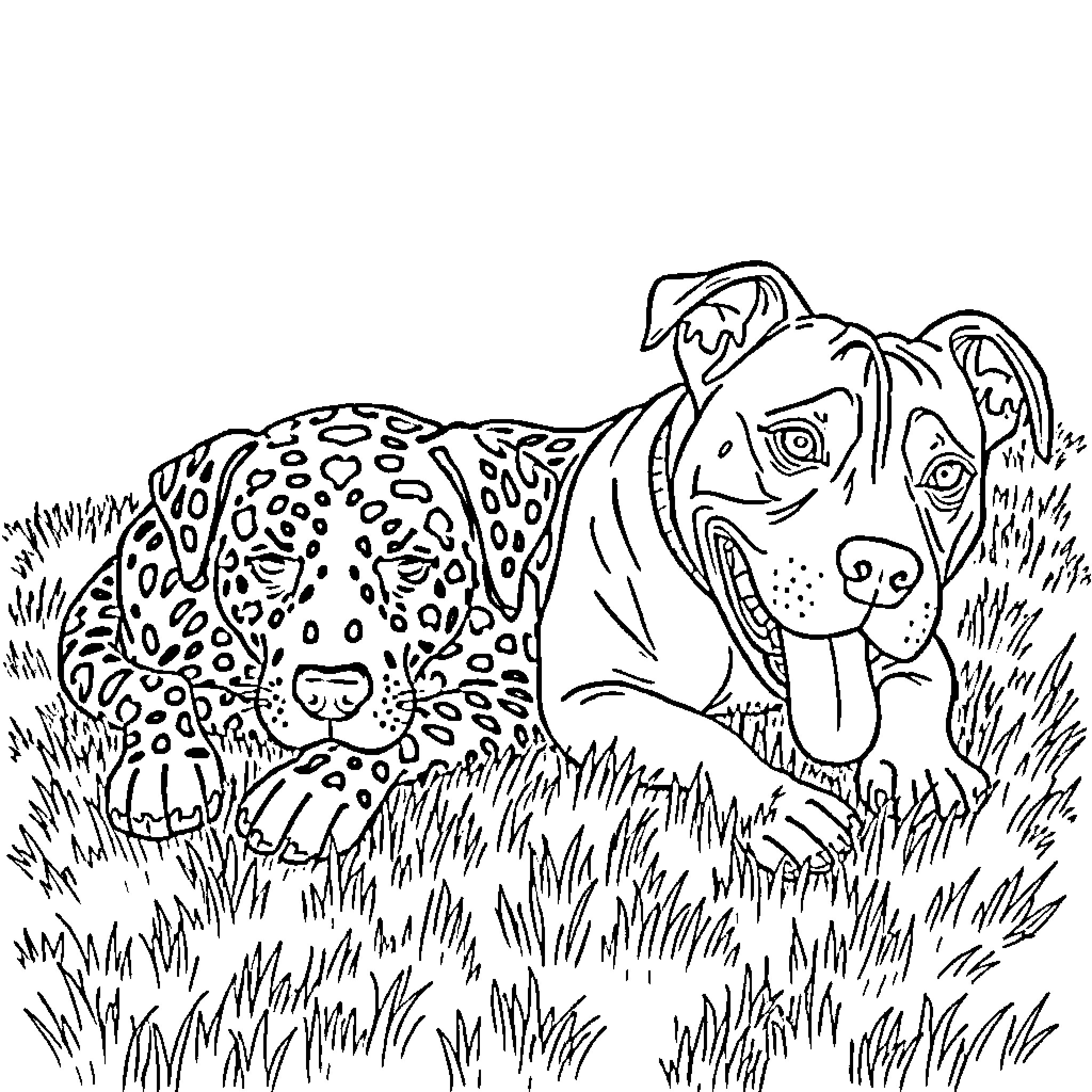 Leopard Catahoula playing in the grass Coloring Page (free black-and-white line drawing printable PDF for all, from beginners to advanced learners, including children, teens, adults, and seniors)