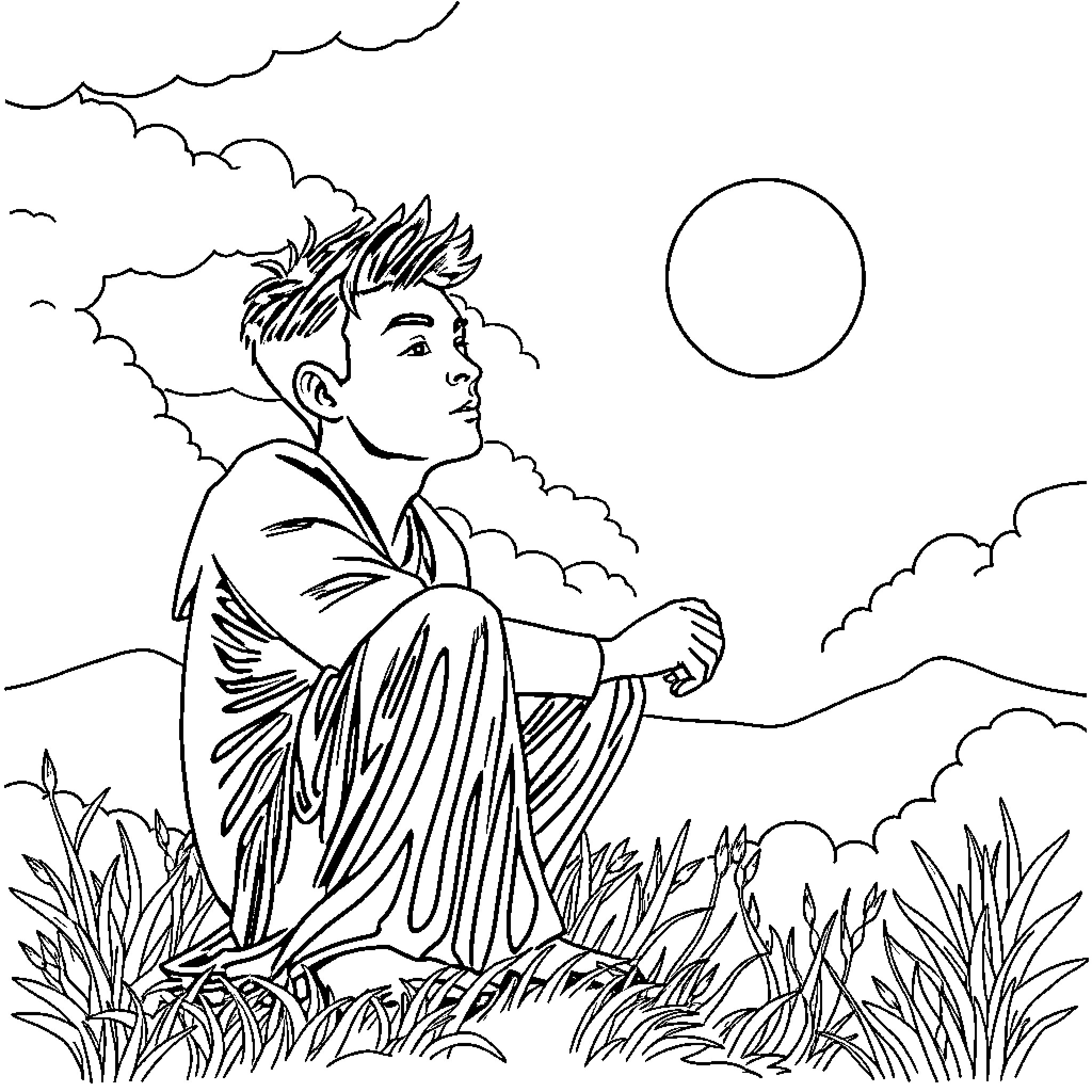 Pagong sitting alone in a peaceful natural setting Coloring Page (free black-and-white line drawing printable PDF for all, from beginners to advanced learners, including children, teens, adults, and seniors)